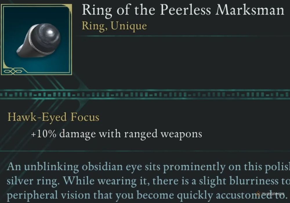 Avowed Ring of the Peerless Marksman unique item description.