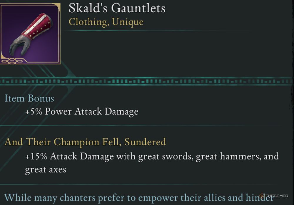 Avowed Skald's Gauntlet unique item description.