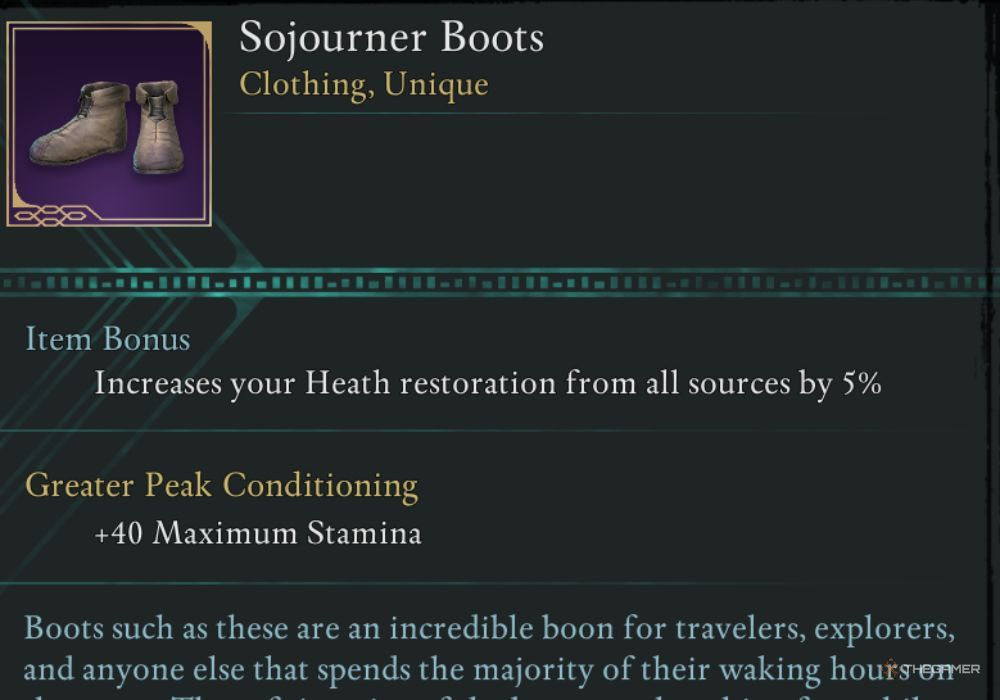 Avowed Sojourner Boots unique item description.