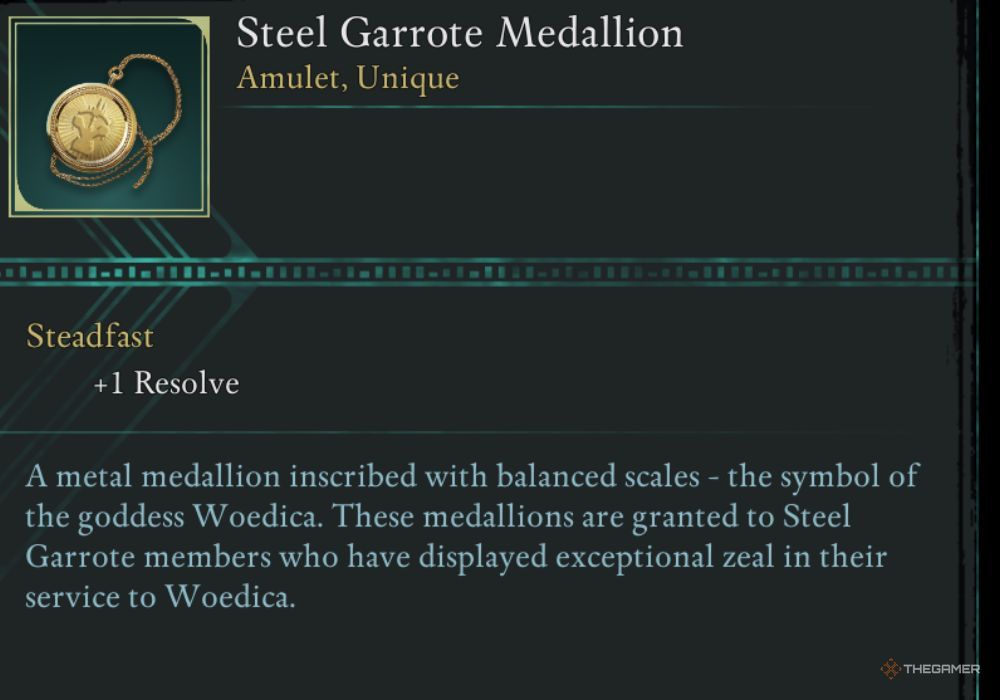 Avowed Steel Garrote Medallion description,.