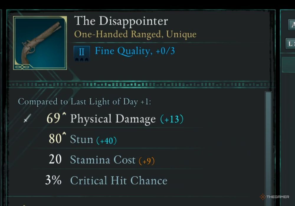 Avowed The Disappointer unique weapon description.