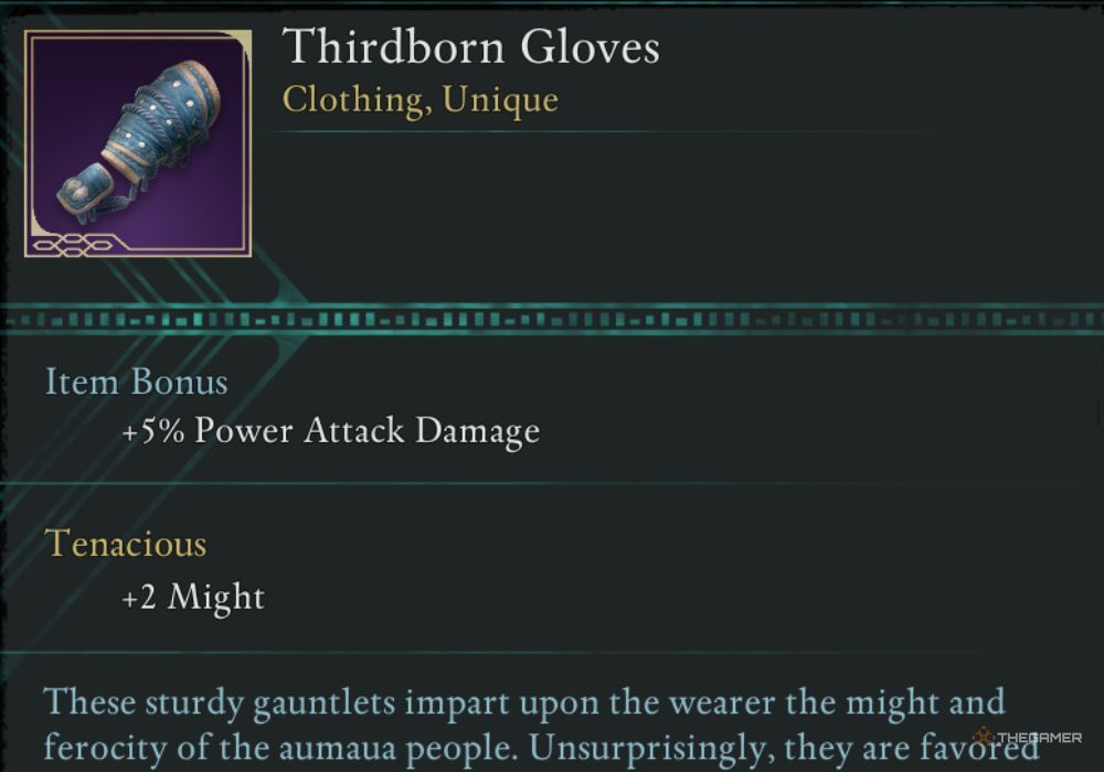 Avowed Thirdborn Gloves unique item description.