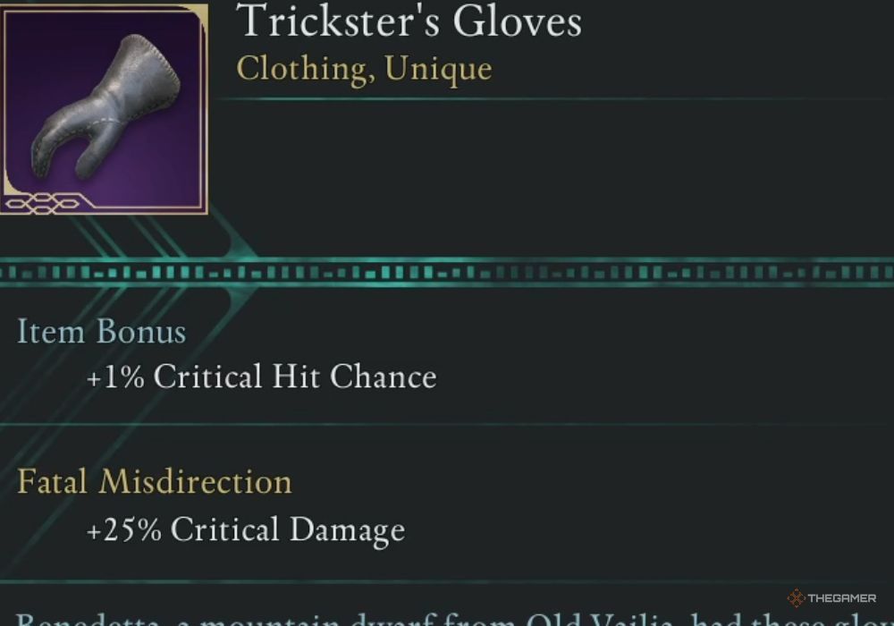 Avowed Trickster's Gloves unique item description.