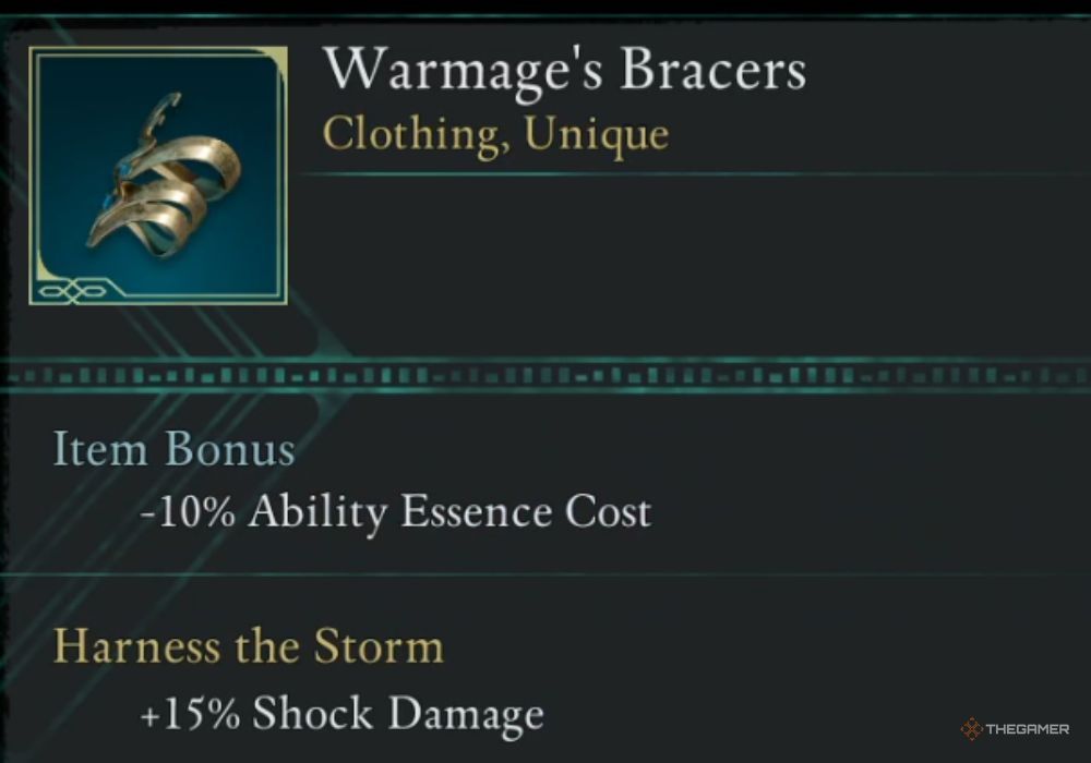 Avowed Warmage's Bracers unique item description.