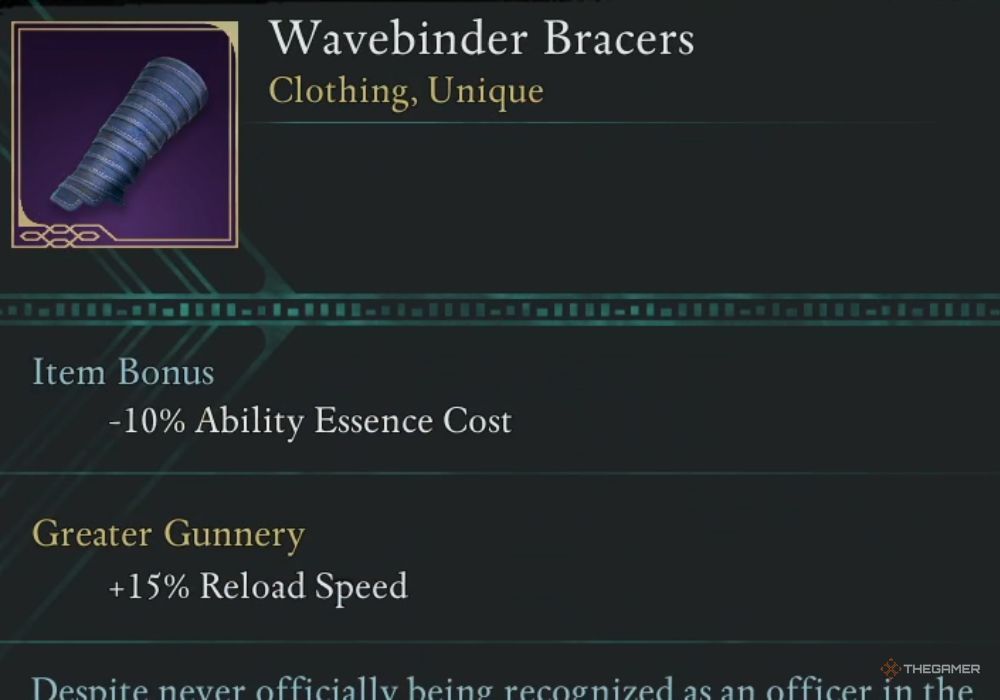 Avowed Wavebinder Bracers unique item description.