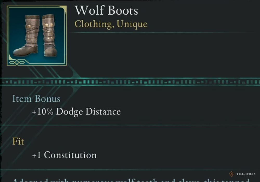 Avowed Wolf Boots unique item description.