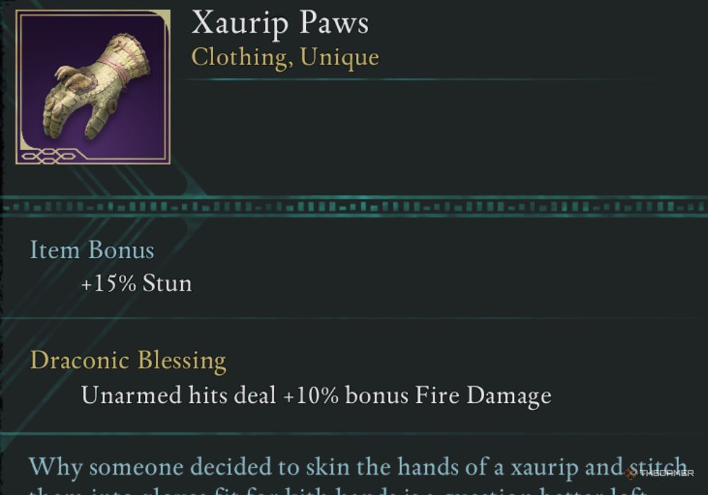 Avowed Xaurip Paws unique item description.