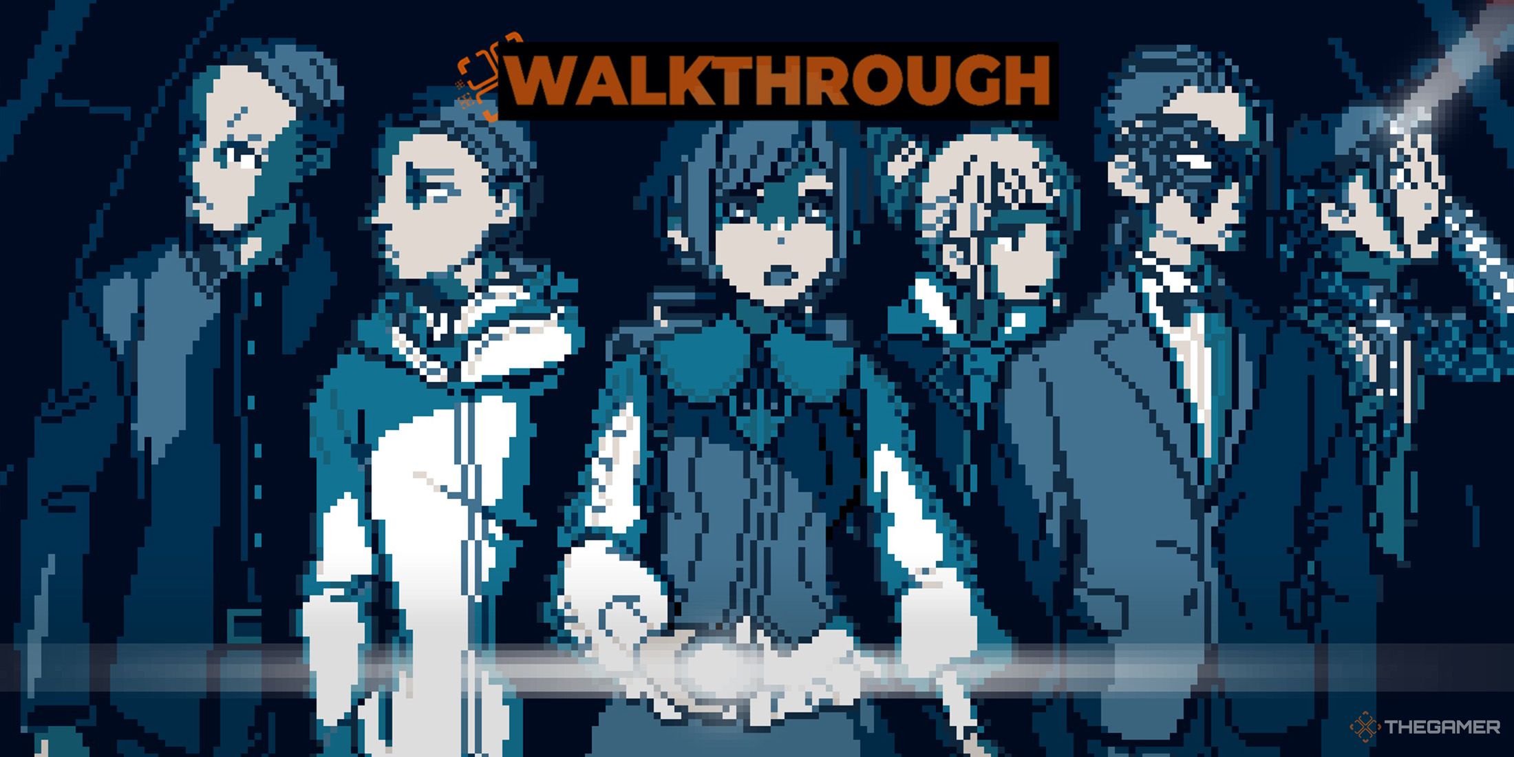 Azami, Matsuda, Gasmask, Jasmine, Fujiwara and tour guide are inside a dark elevator in Urban Myth Dissolution Center