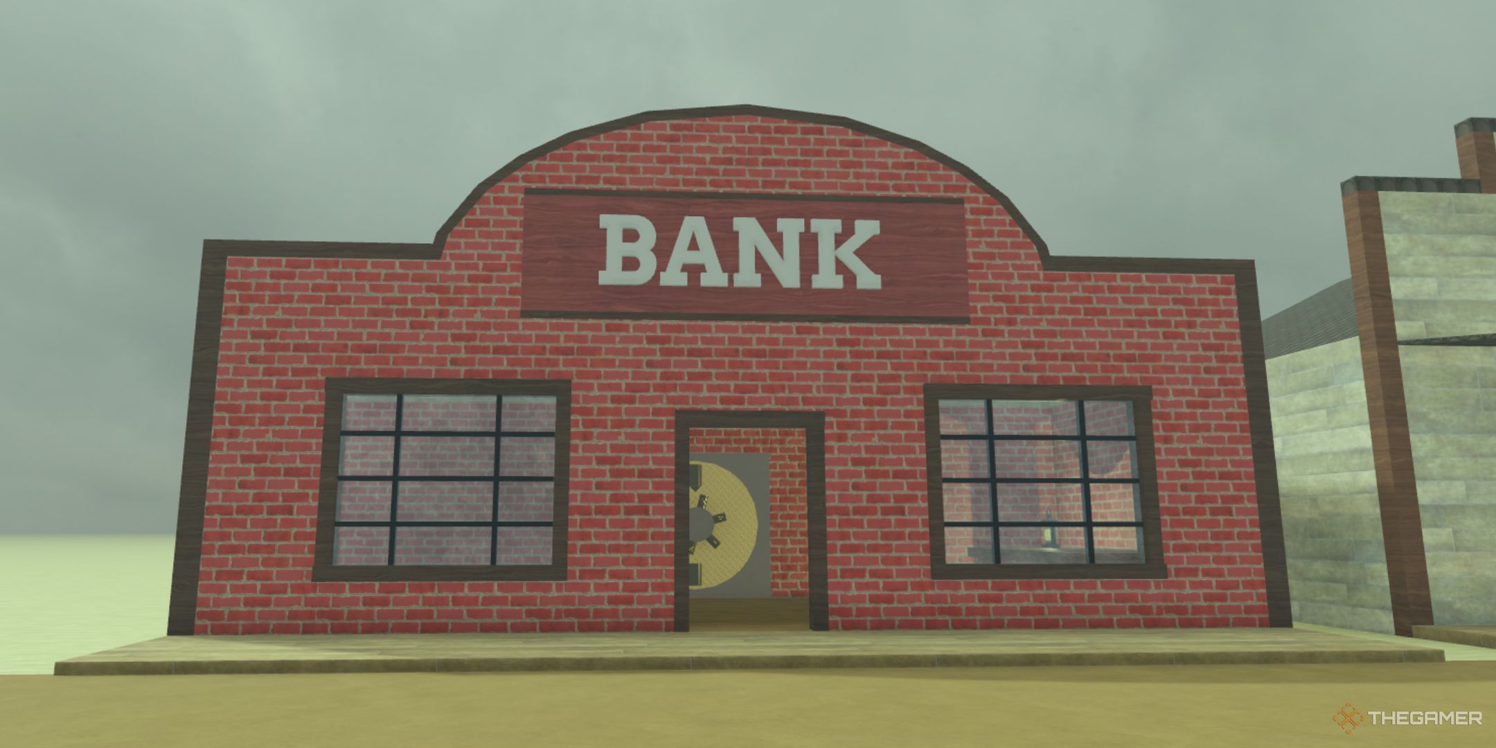 The player character shows a bank building in the starting location in Dead Rails.