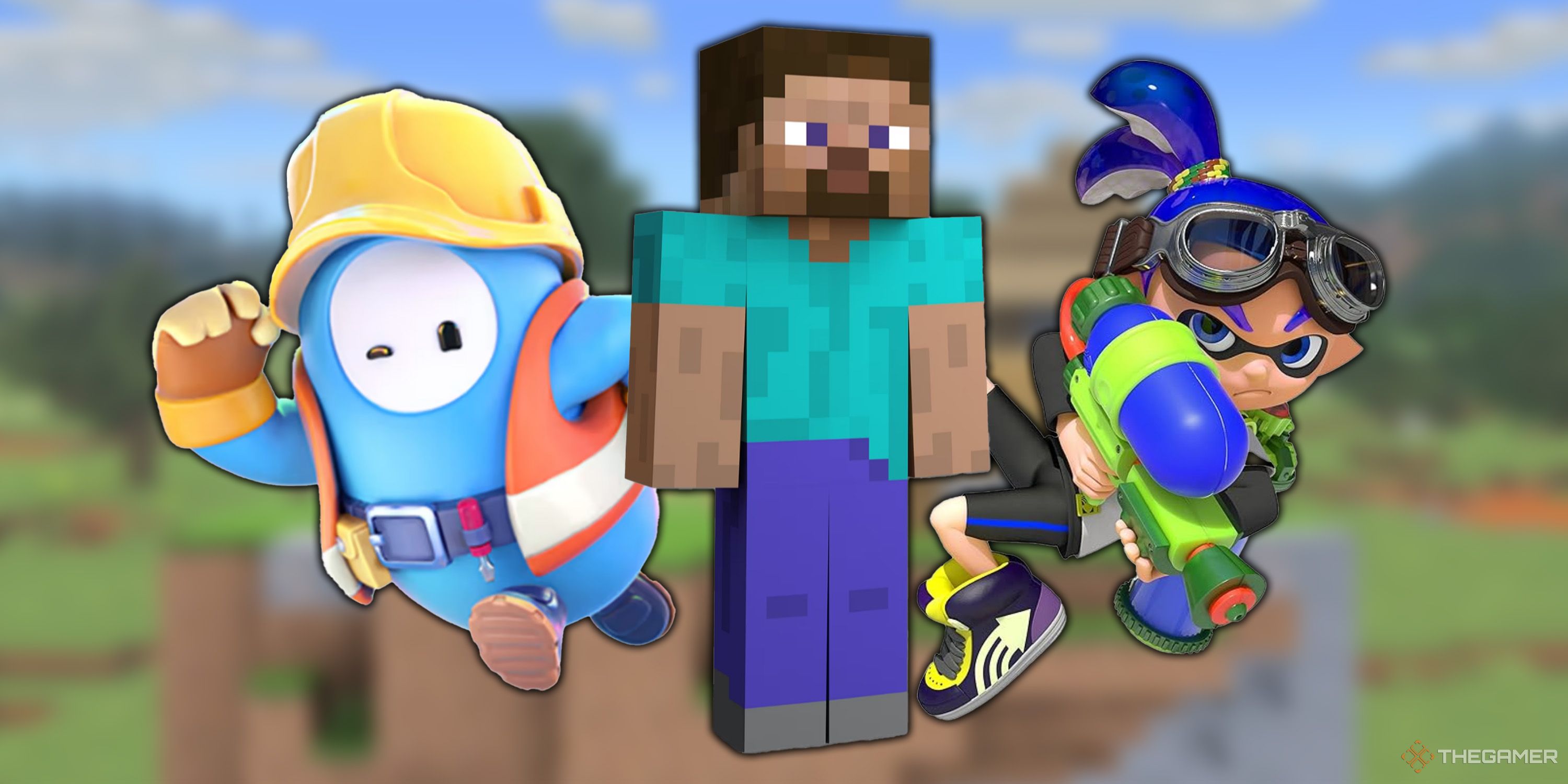 A jelly bean from Fall Guys, Steve from Minecraft, and a Blue Inkling from Splatoon standing side by side.