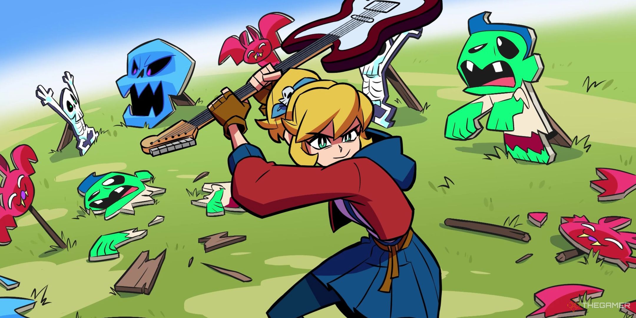 Cadence holding her guitar and attacking cutout enemies in Rift of the Necrodancer.