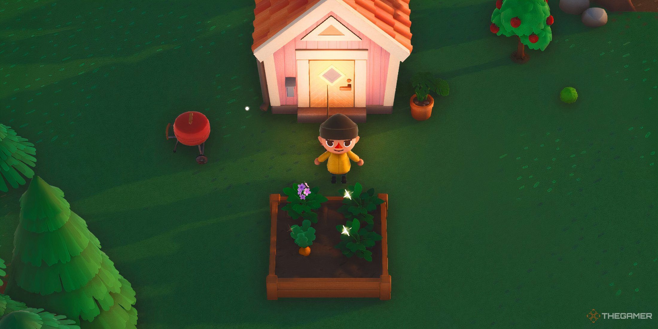 Character in front of a planter in Longvinter.