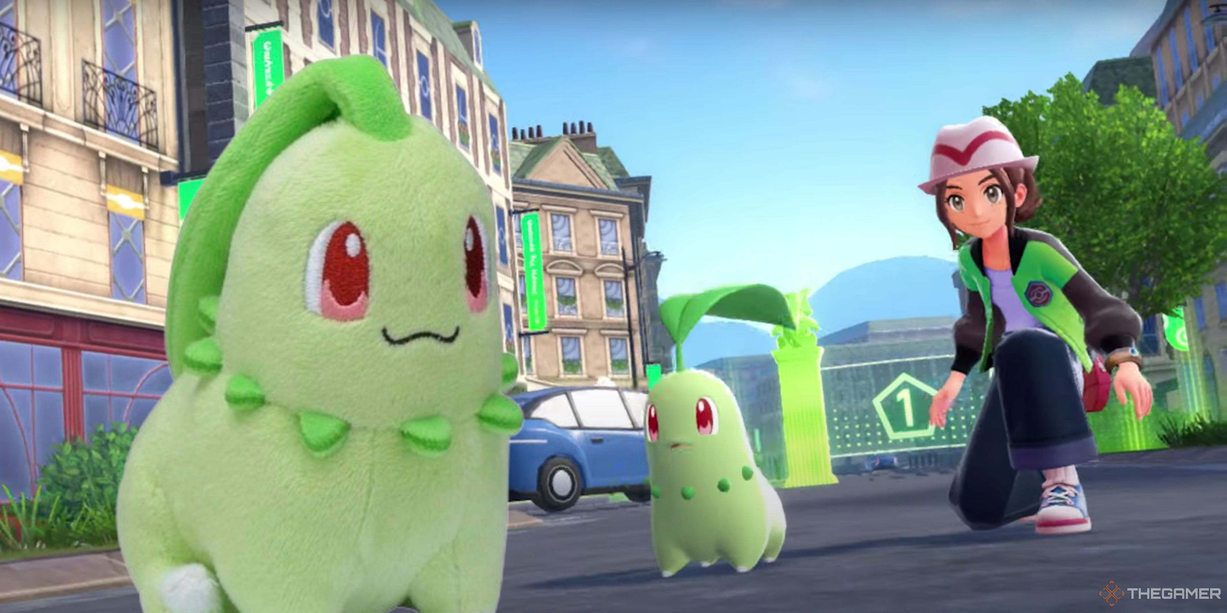 chikorita and its trainer in pokemon legends z-a looking at a chikorita sitting cuties plush.