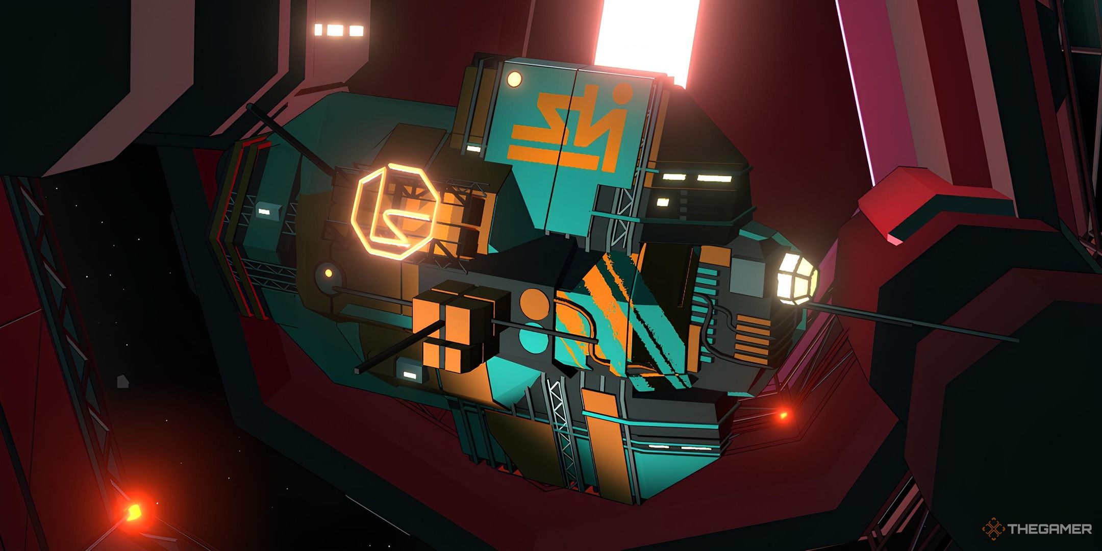 A screenshot of Citizen Sleeper 2: Starward Vector's rig painted in green and orange