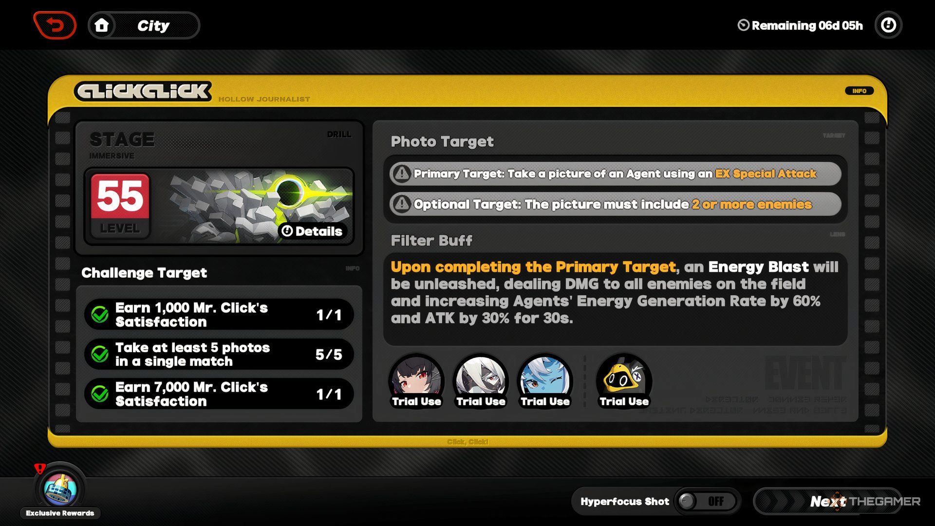 Click Click Hollow Reporter Stage 1 display screen in Zenless Zone Zero.