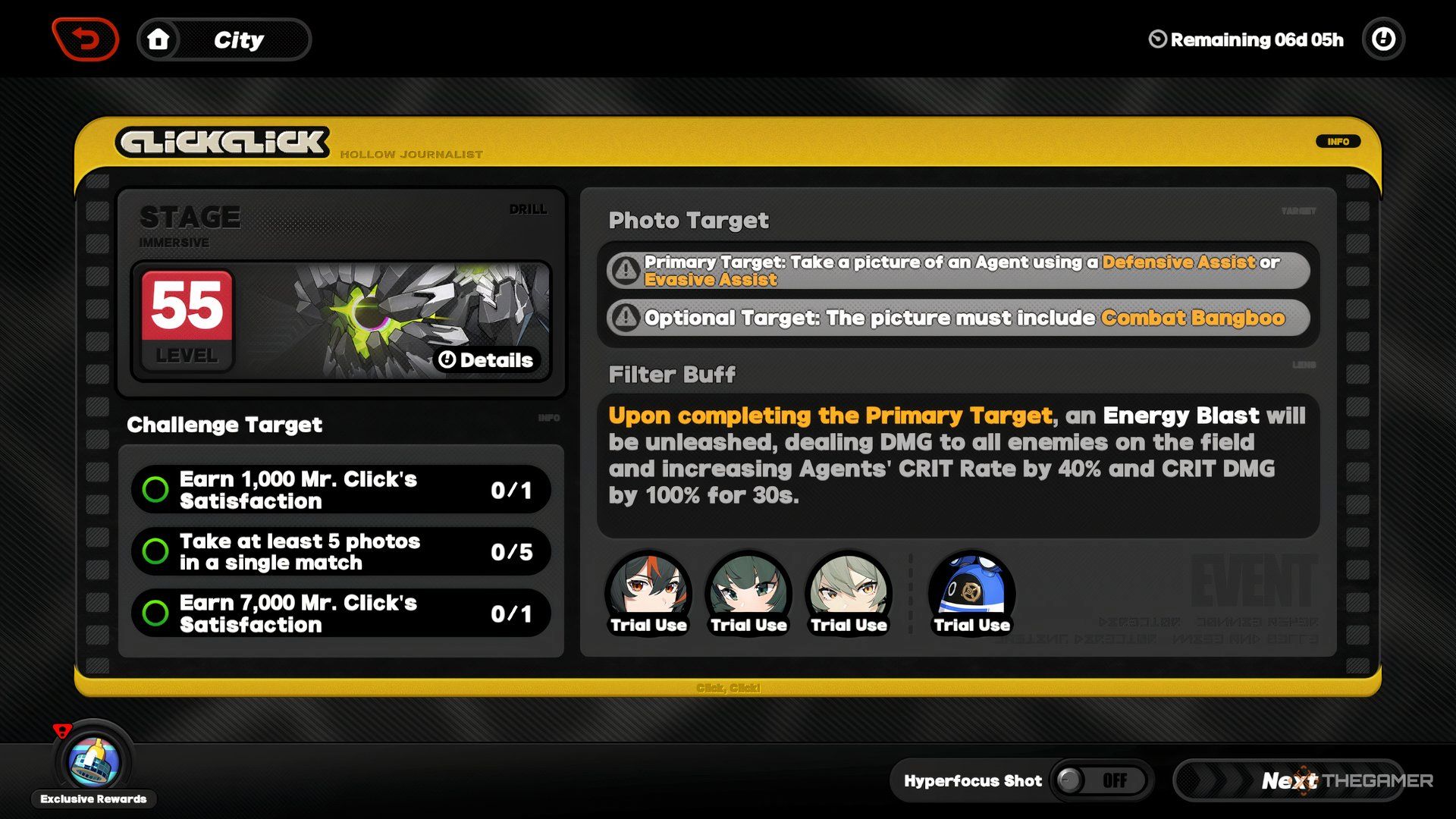 Click Click Hollow Reporter Stage 5 display screen in Zenless Zone Zero.