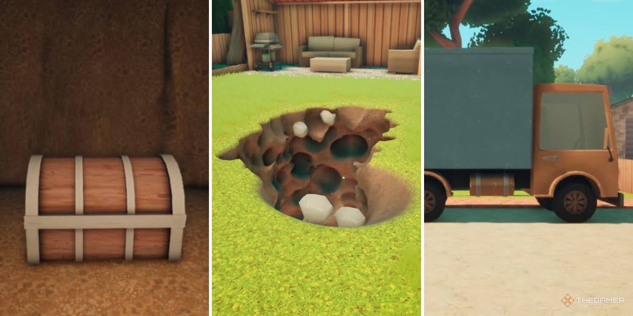 A Game About Digging A Hole collage with the treasure, moving van, and eponymous hole.