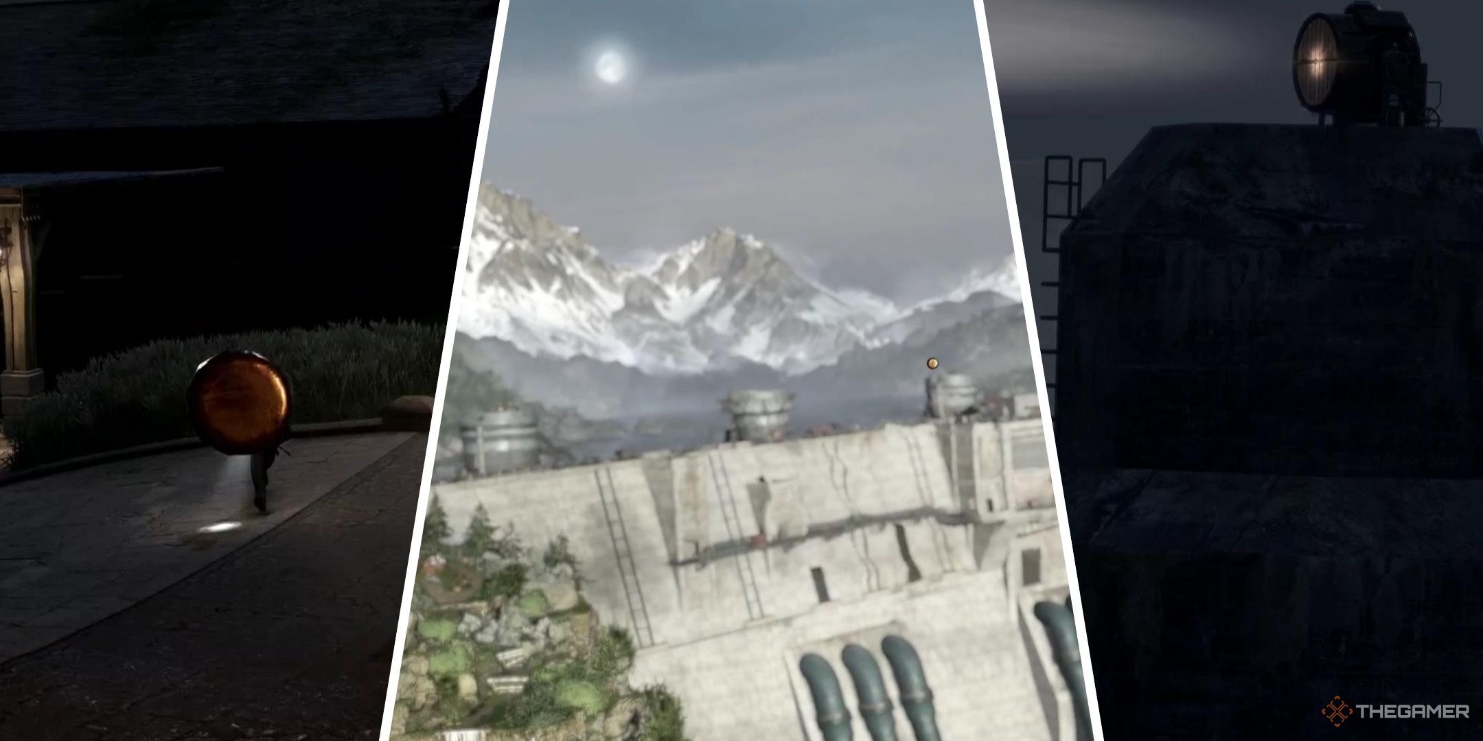 A bullet hurtles towards a Nazi at night on the left, a spotlight shines on the right, and a damn stands in the middle, all in Sniper Elite: Resistance.