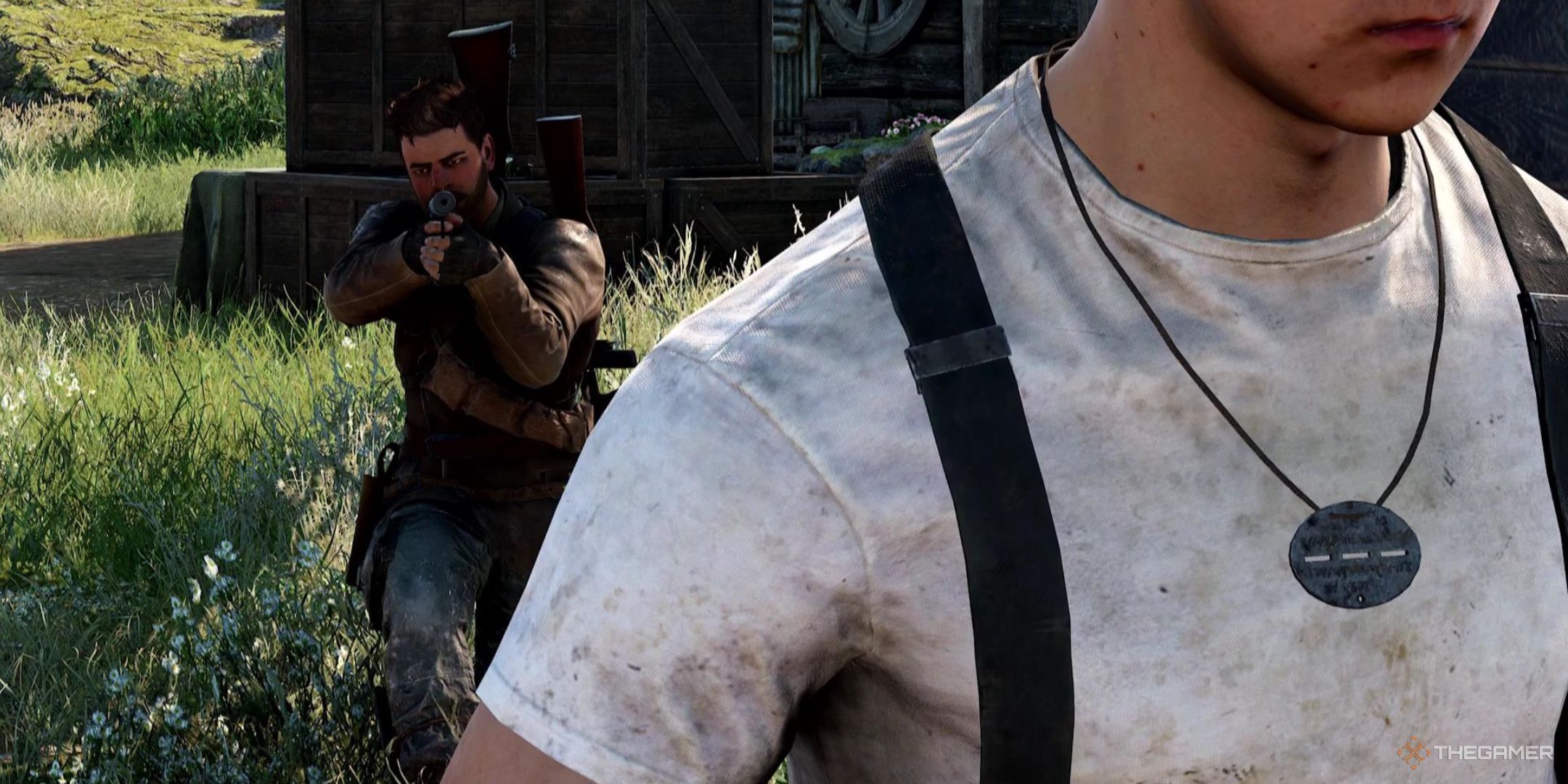 Harry Hawker has his Welrod aimed directly at the back of an enemy in Sniper Elite: Resistance.