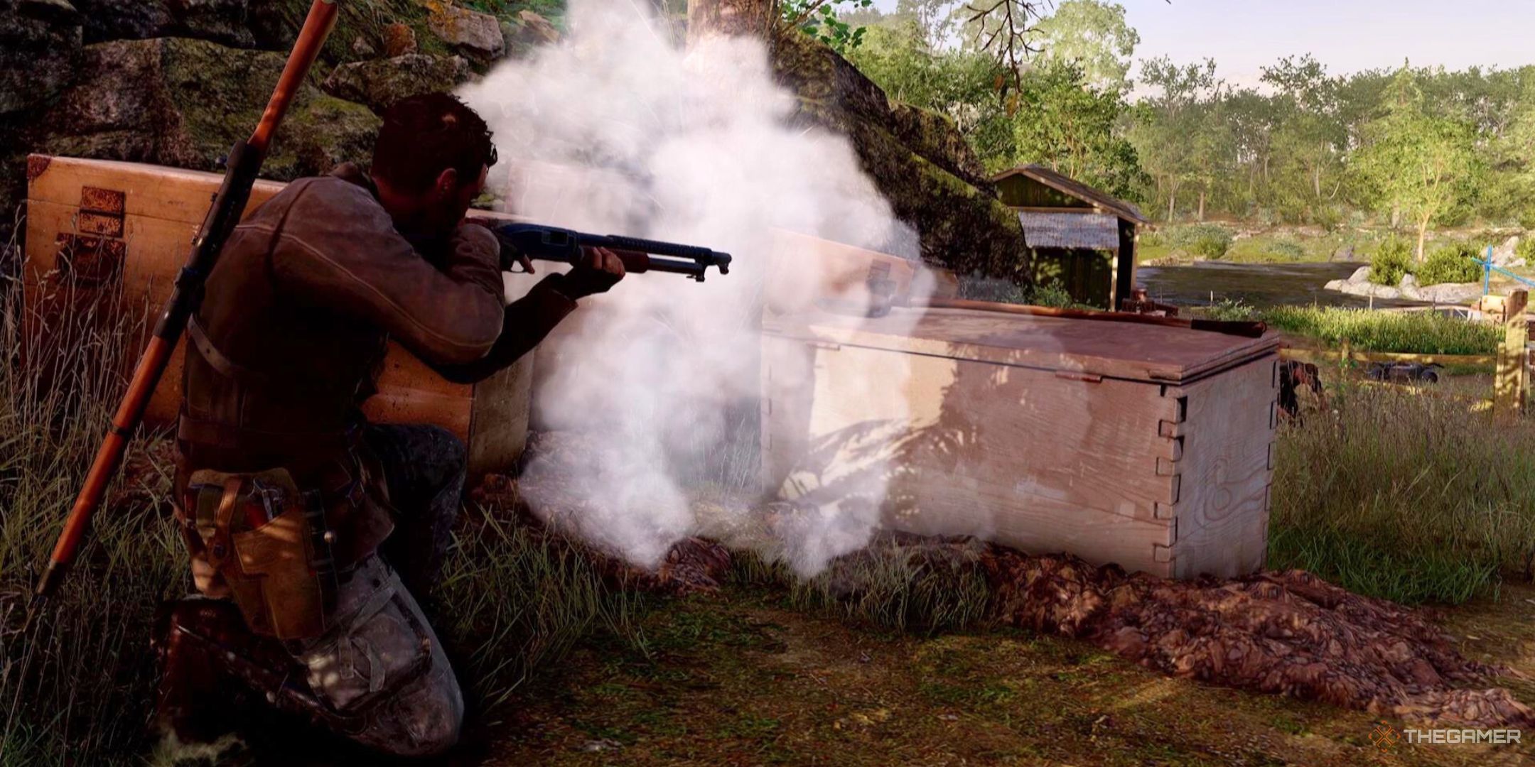 Harry fires the Trench Gun over cover at a Nazi in Sniper Elite Resistance.