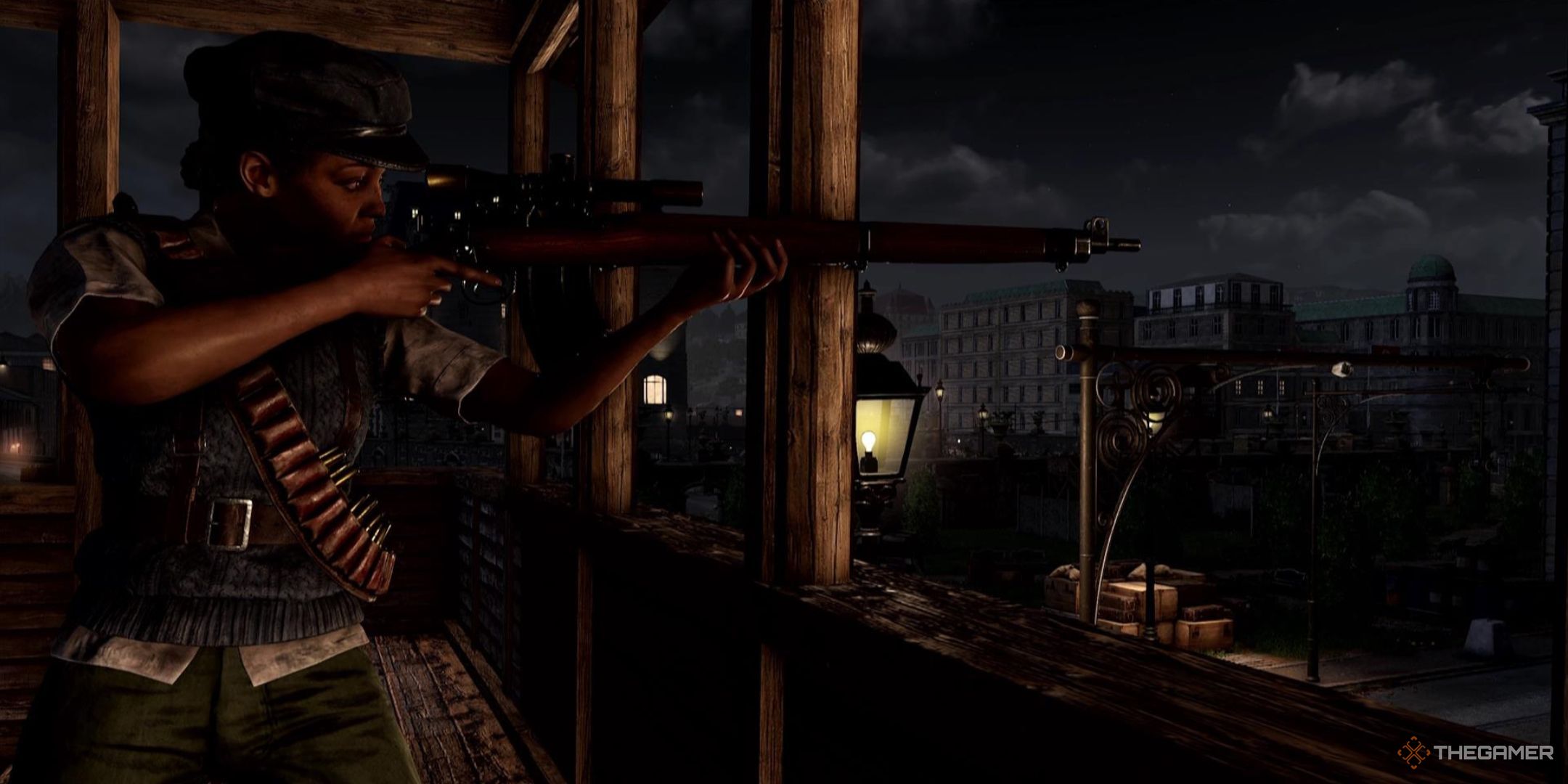 Carillon aims her sniper rifle from the top of a wooden tower in Sniper Elite: Resistance.