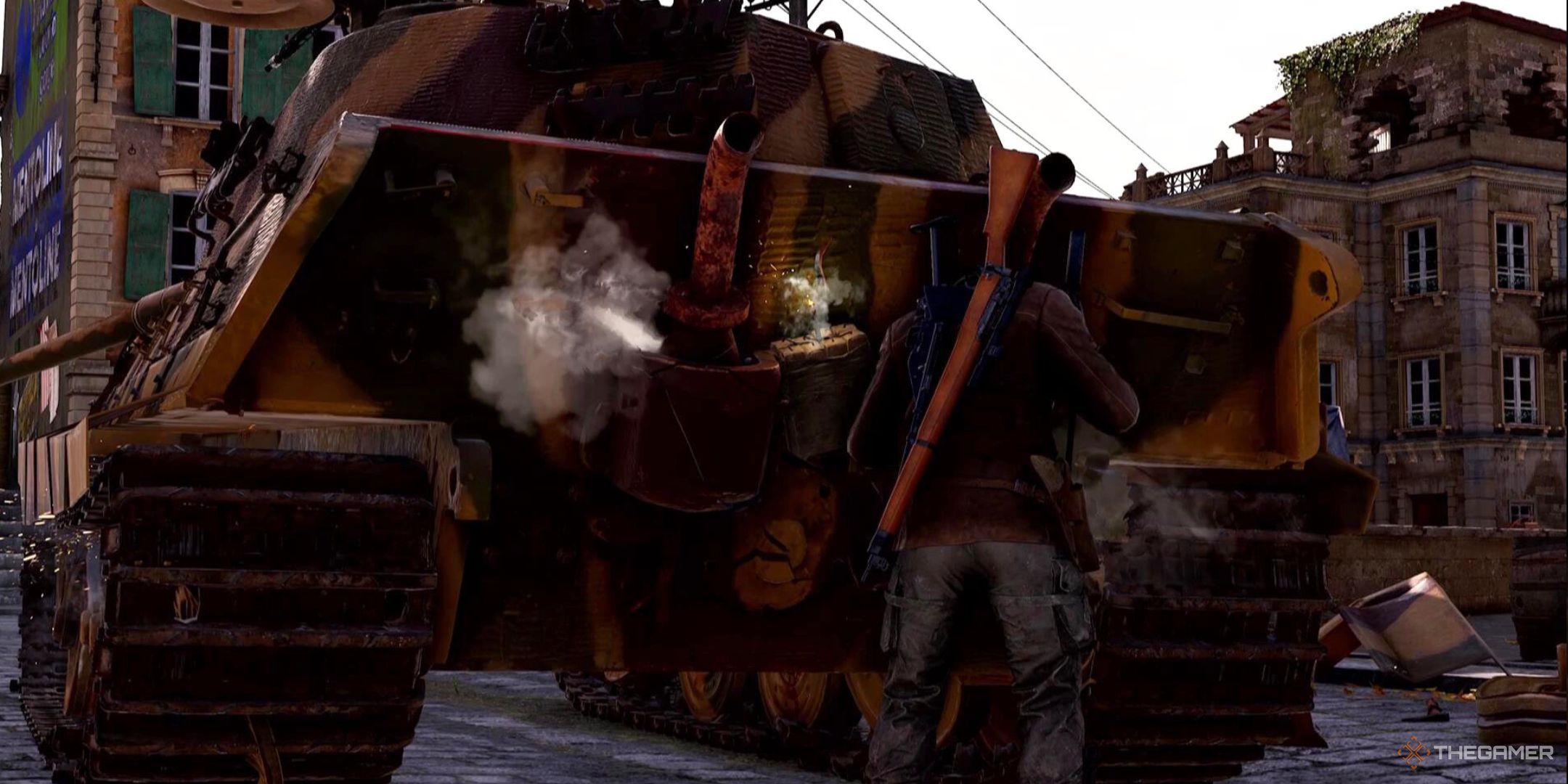 Harry Hawker places a Satchel Charge on the body of a tank in Sniper Elite Resistance.