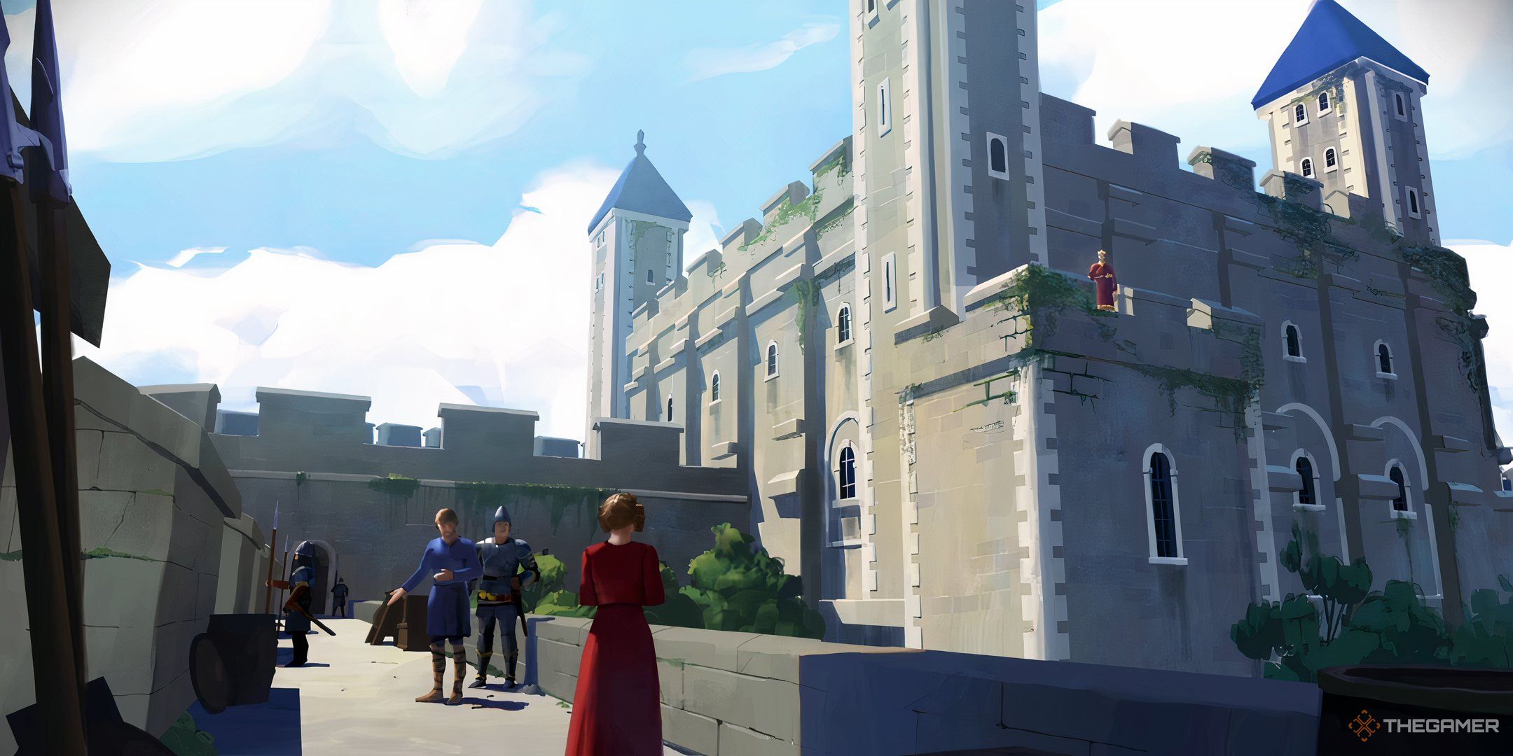 A woman in a red dress studies a cathedral or castle in Civilization 7. 