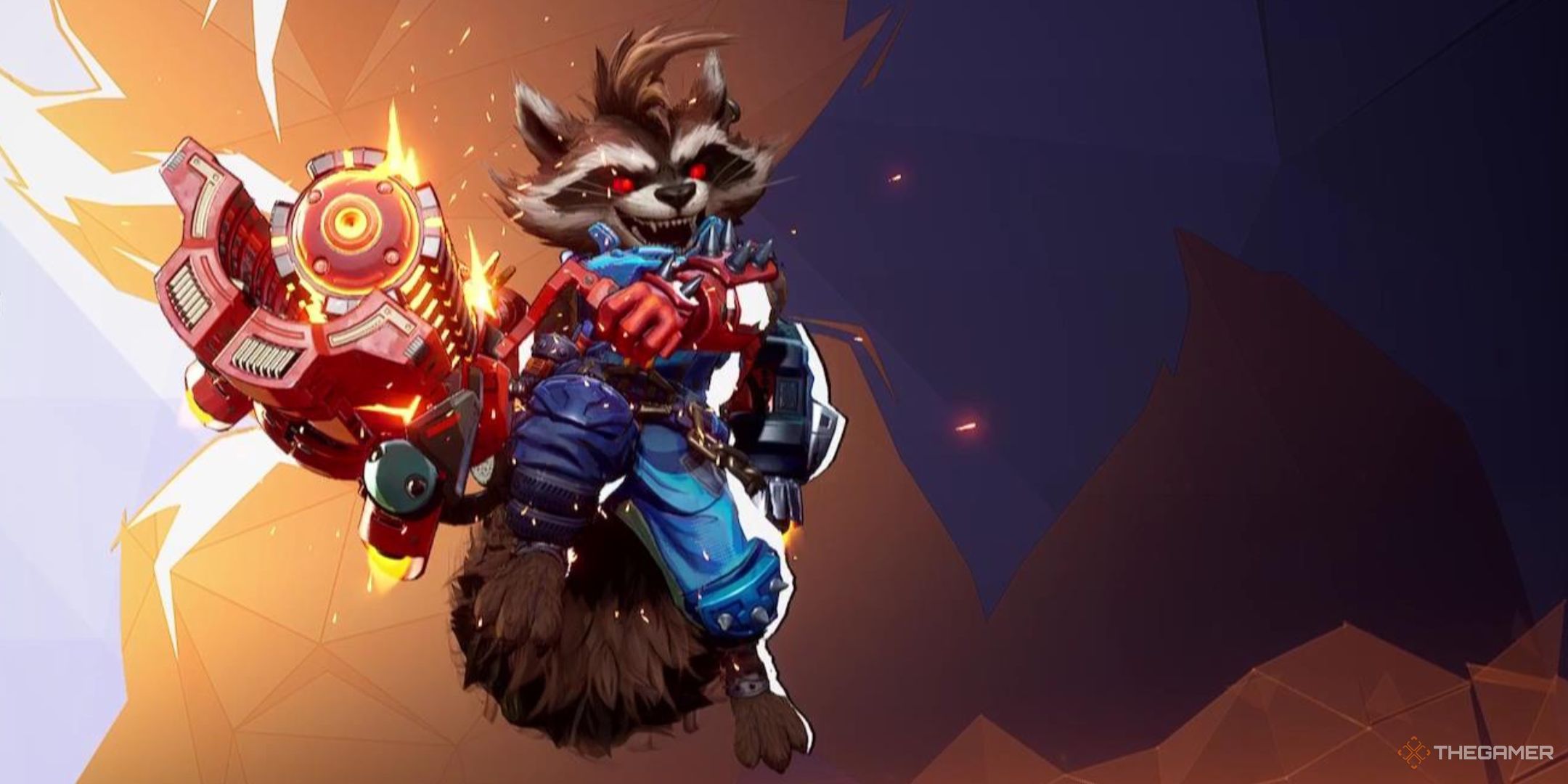 Rocket laughs and lifts his humongous weapon in Marvel Rivals.