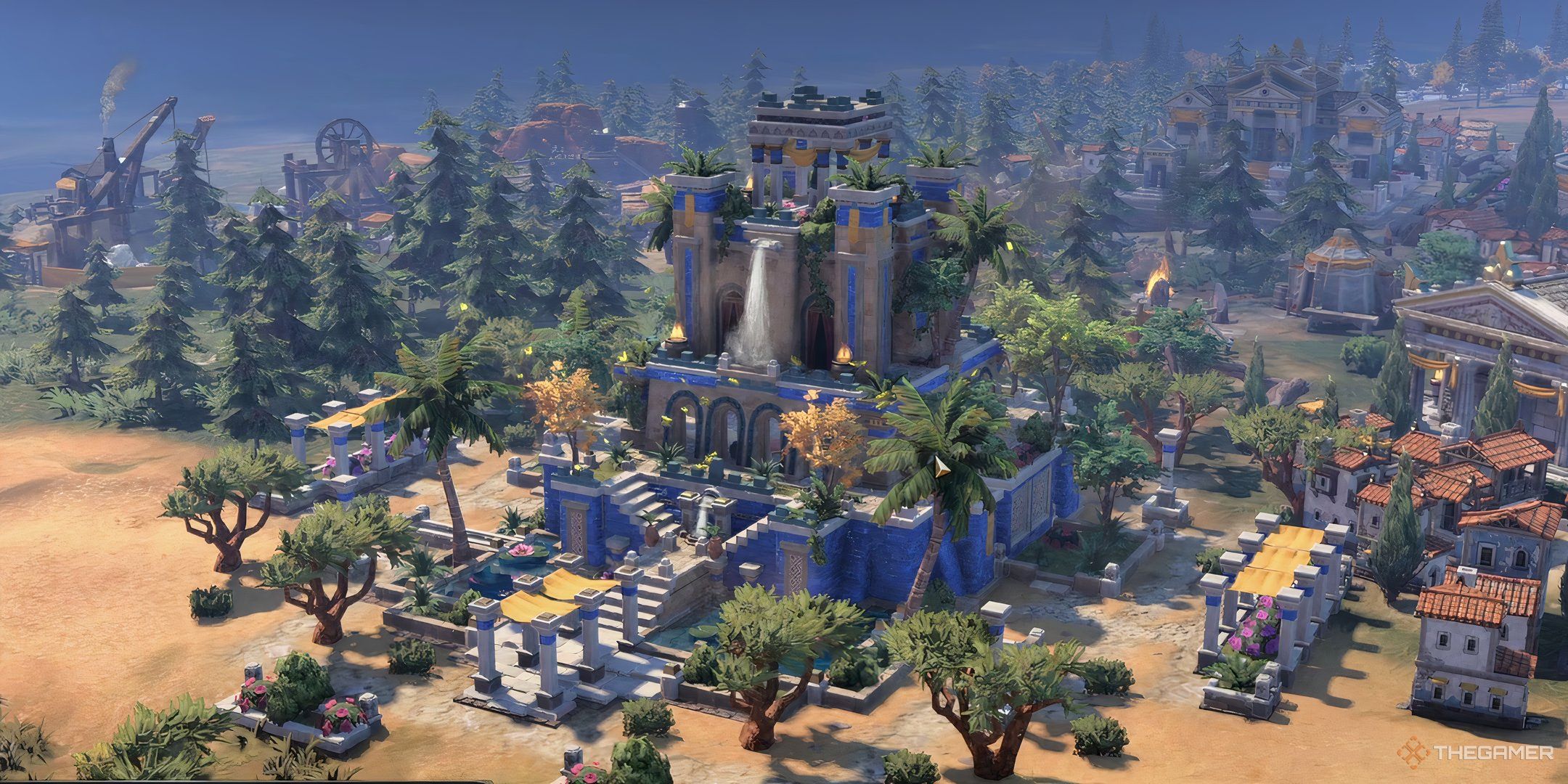 The Hanging Gardens wonder being constructed in Civilization 7. 