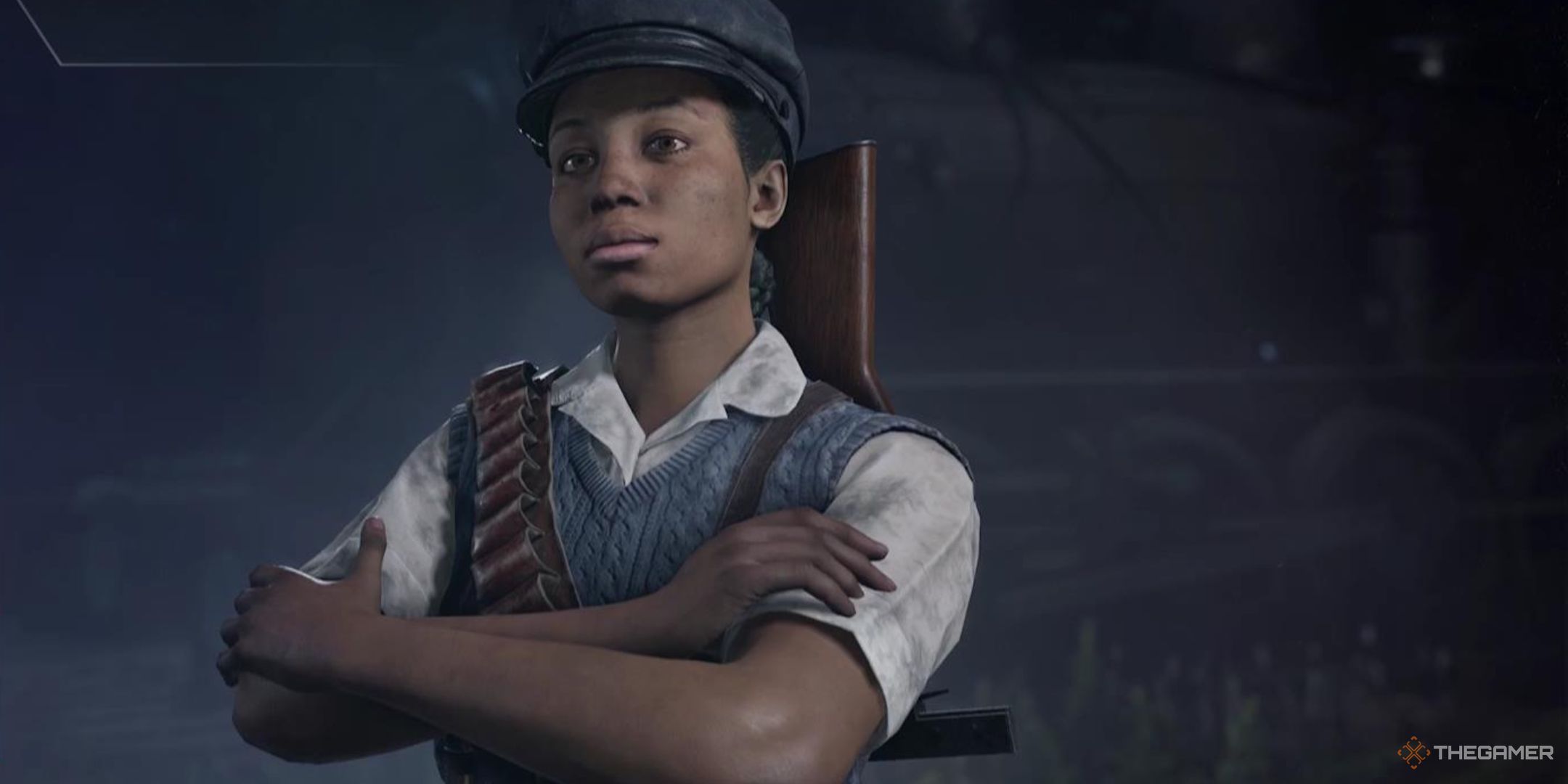 A character from the Sniper Elite: Resistance multiplayer looks at the camera with her arms folded.