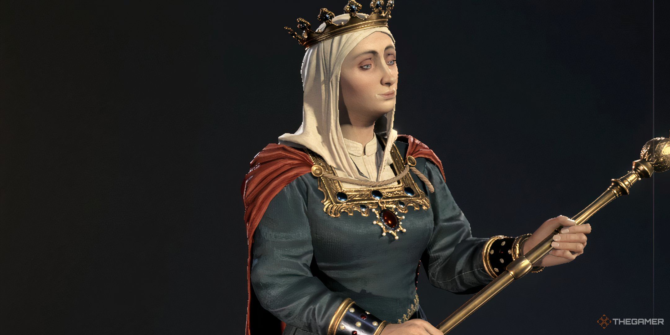 Isabella holding a royal scepter in Civilization 7.