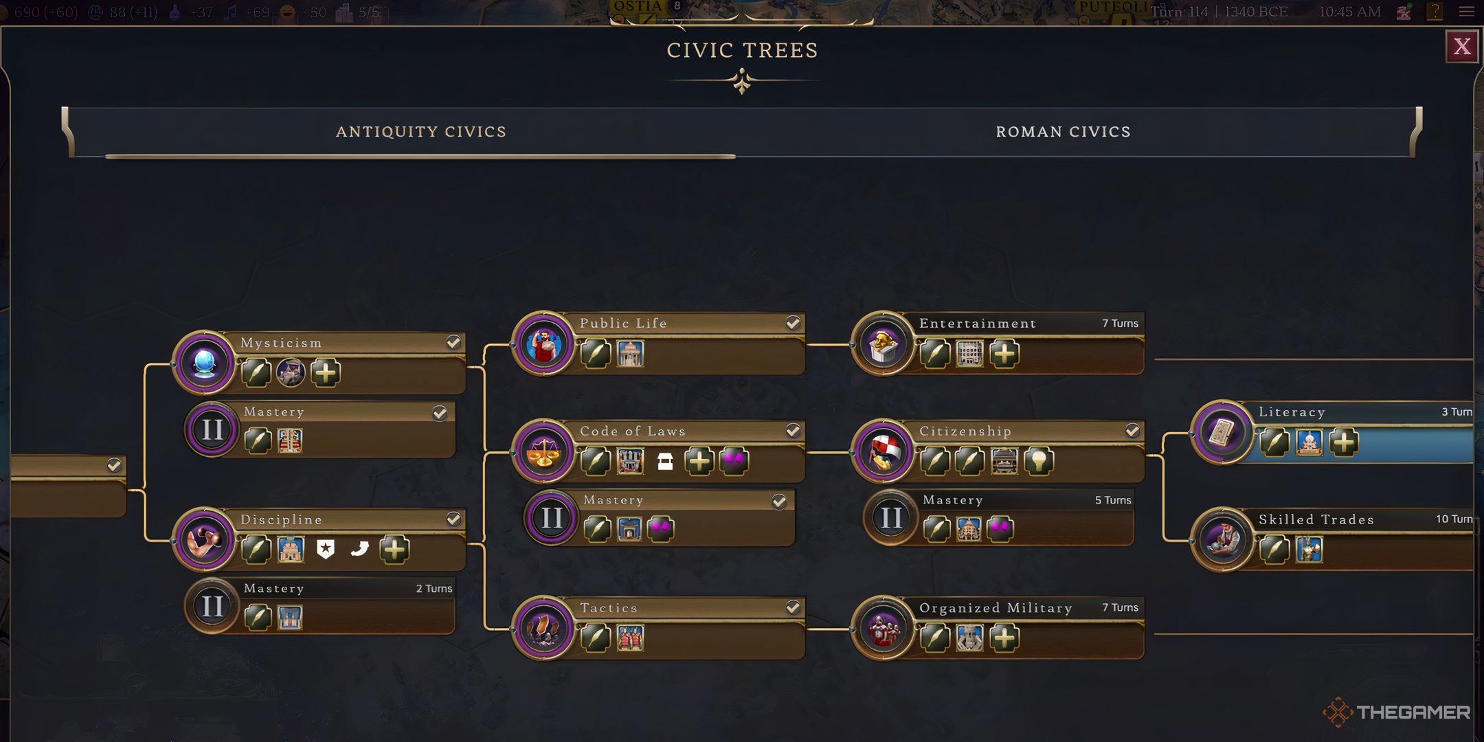 The Civic Tree in Civilization 7 during the Antiquity Age. 