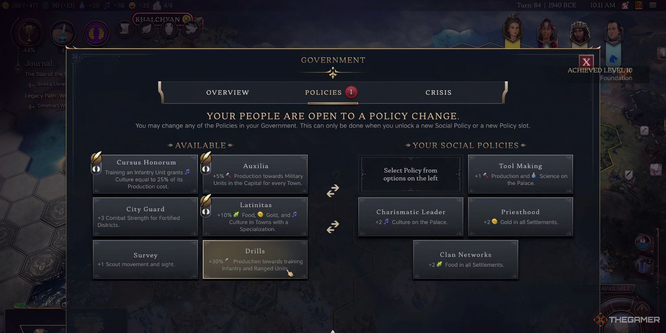 The Social Policies Screen in Civilization 7.