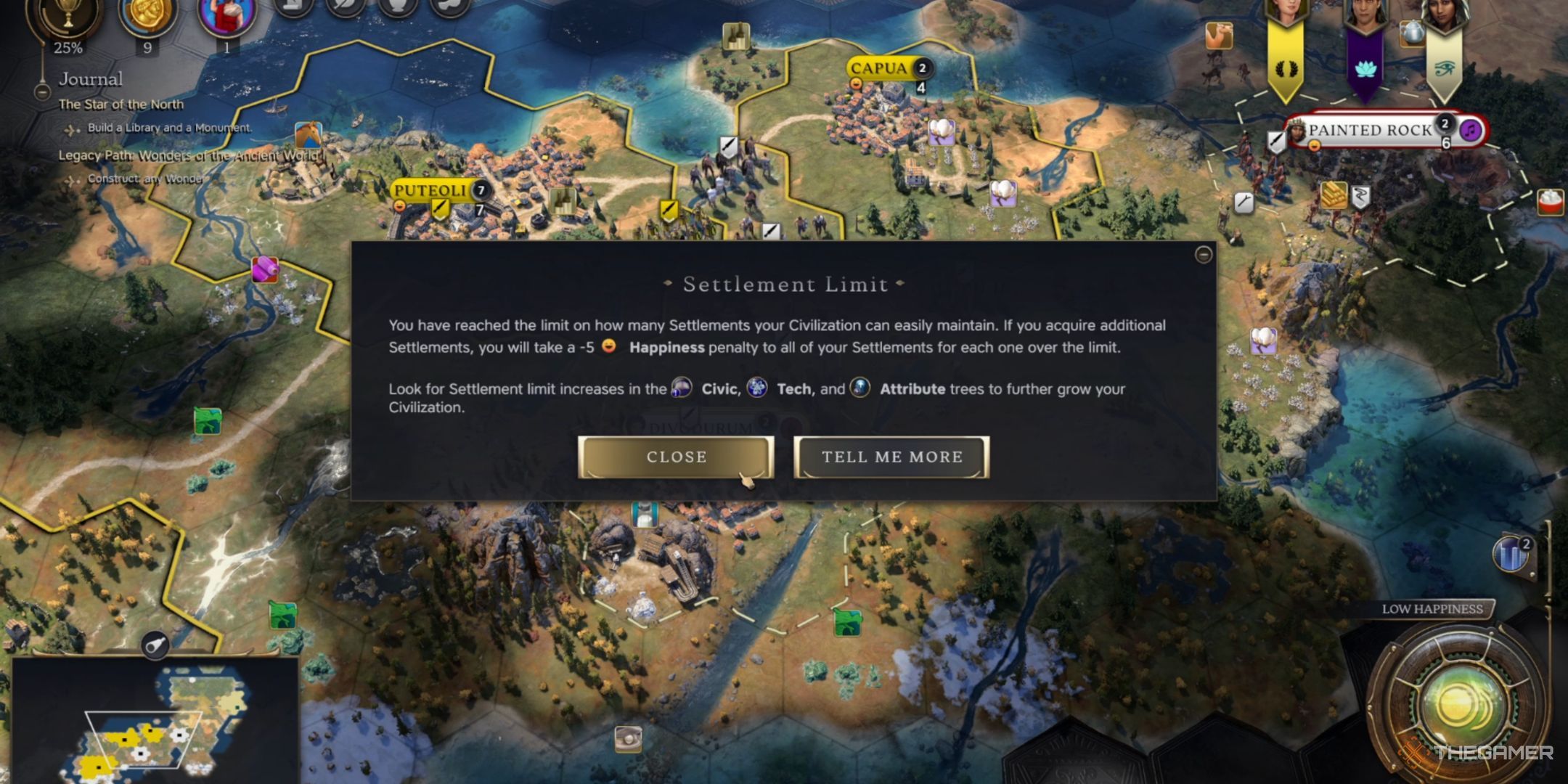 The Settlement Limit screen in Civilization 7, warning players they have reached their maximum.