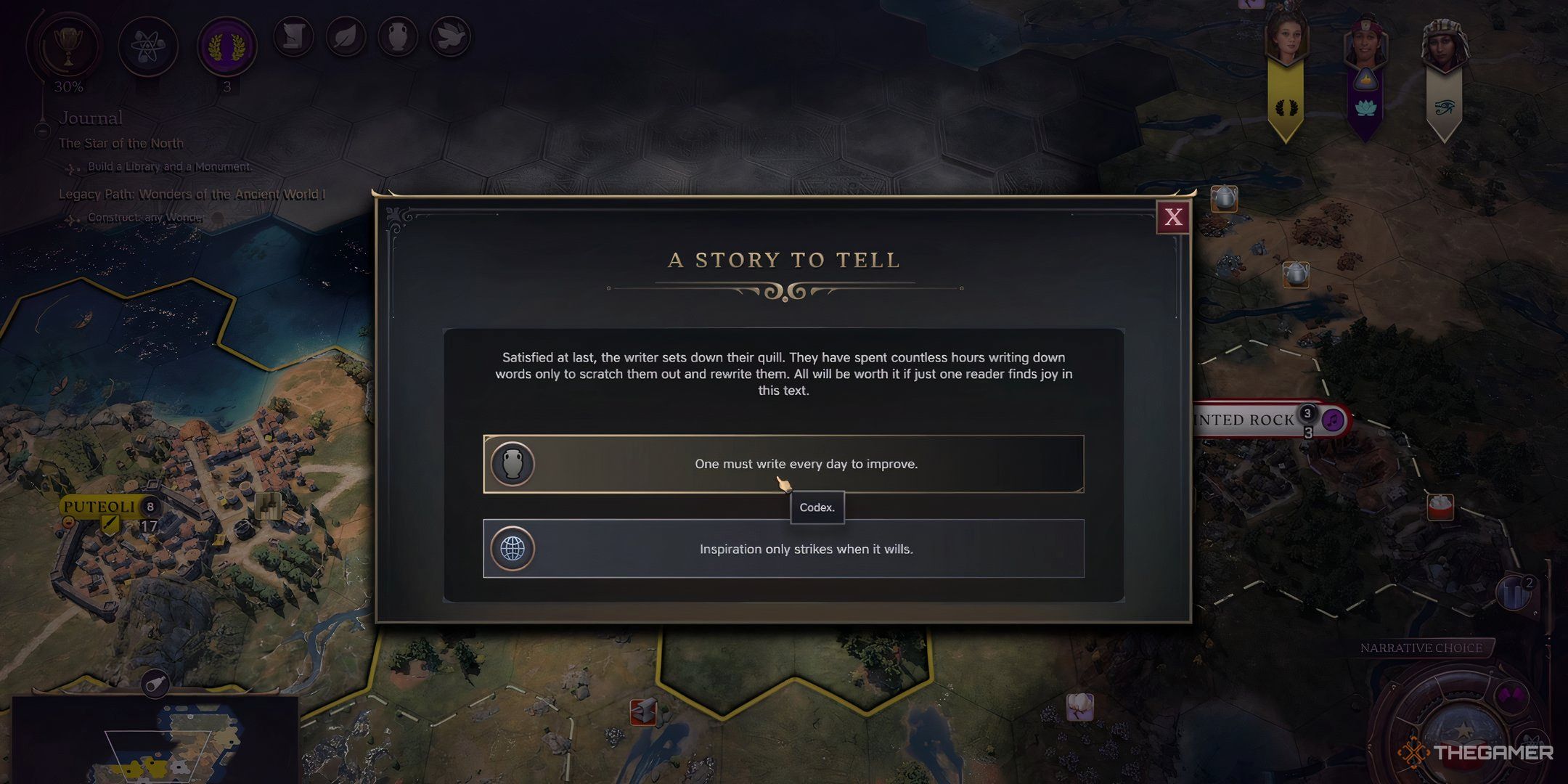 A narrative event screen in Civ 7 called A Story to Tell.