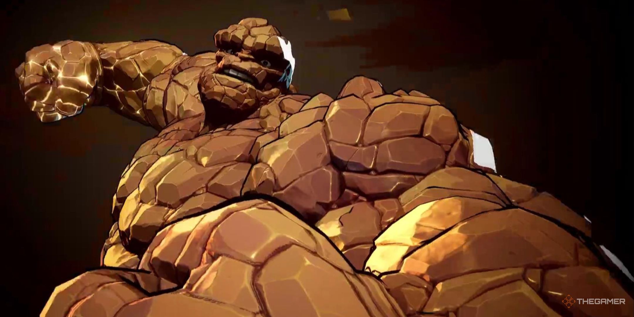 The Thing has one fist back, about to punch the camera in Marvel Rivals.