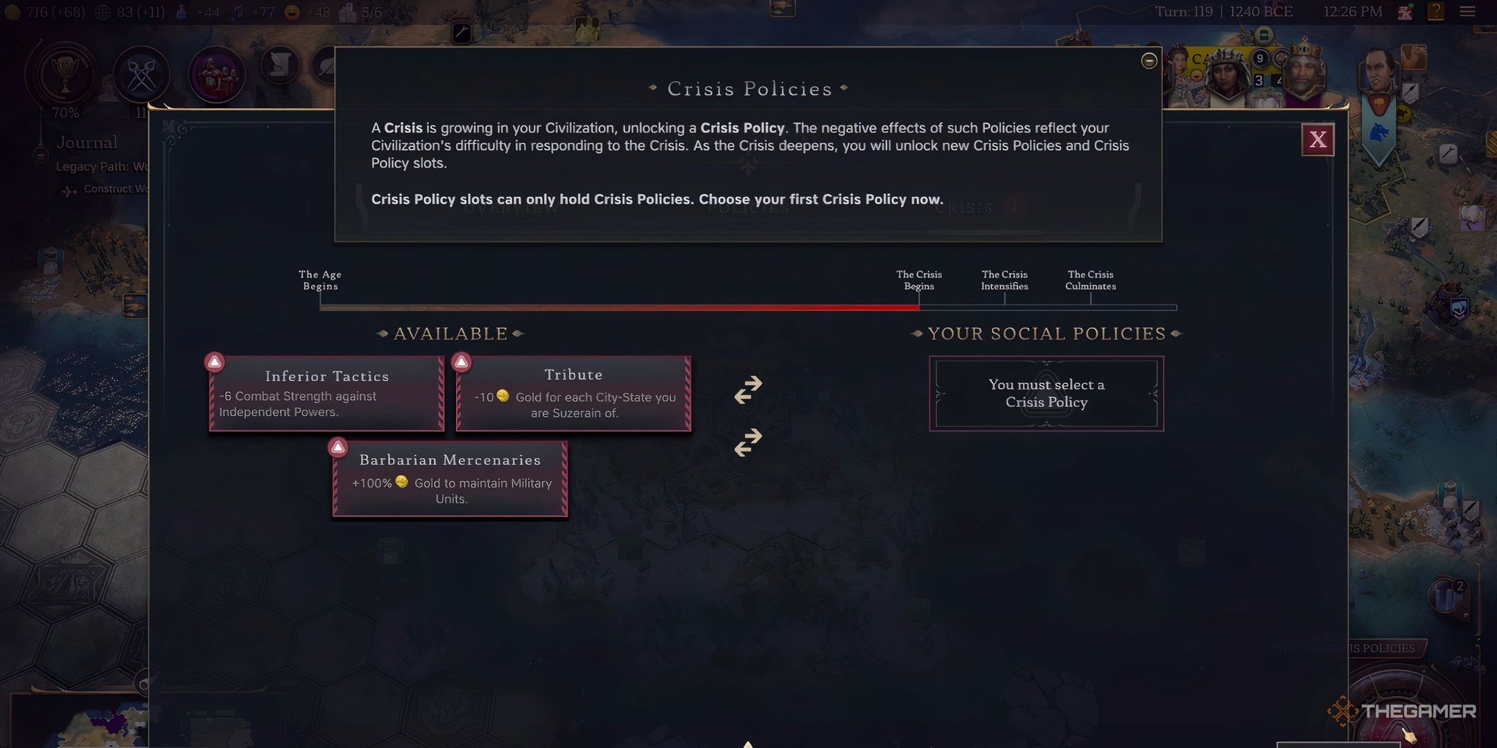 The Crisis policies selection screen in Civ 7.