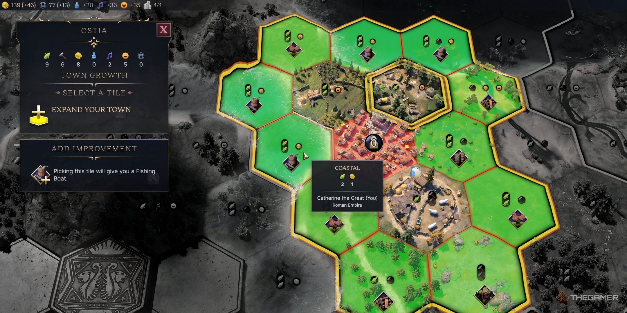 The town expansion screen in Civ 7, showing a group of green hexagon tiles.