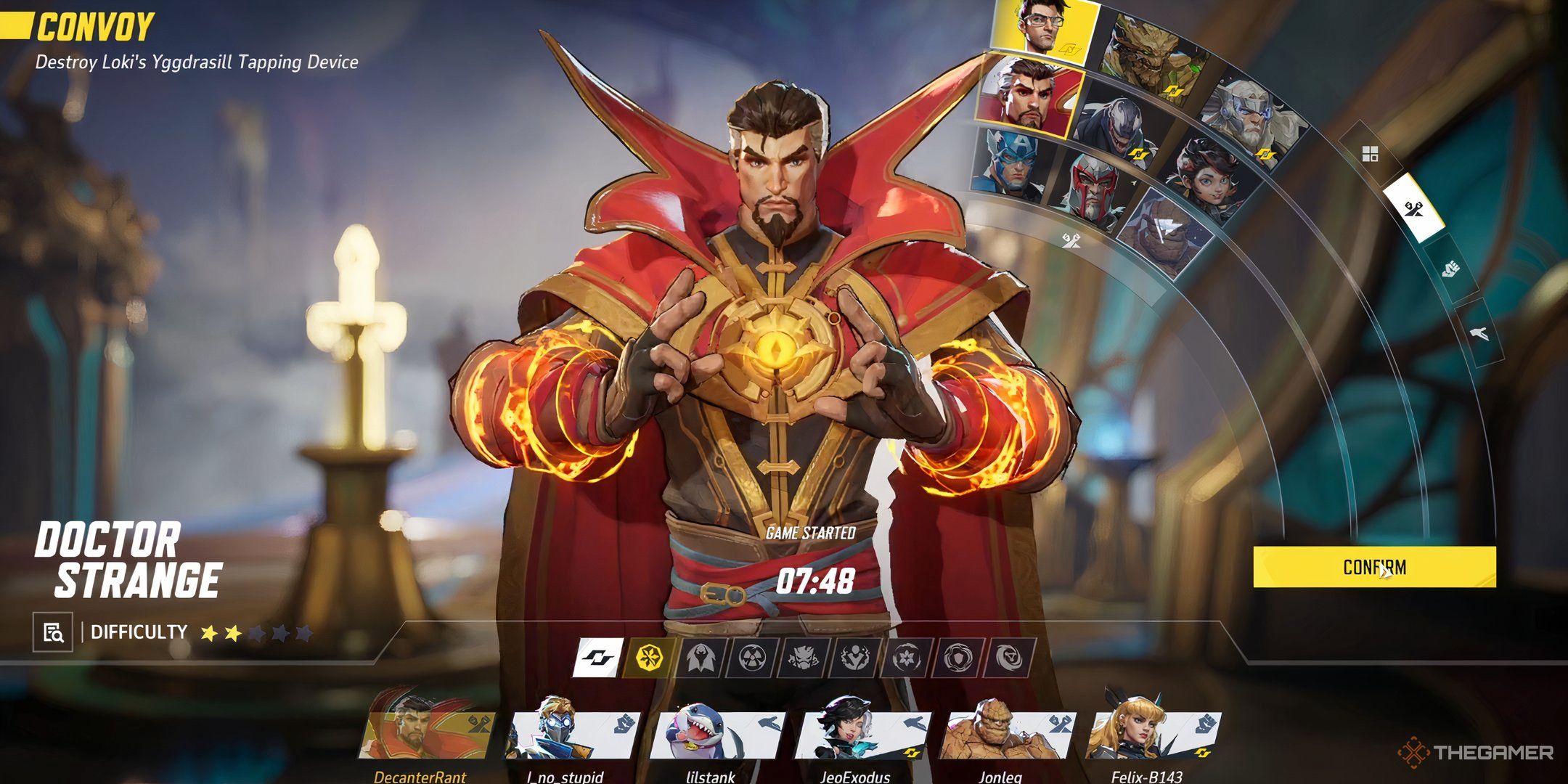 Doctor Strange in the character selection screen in Marvel Rivals. 