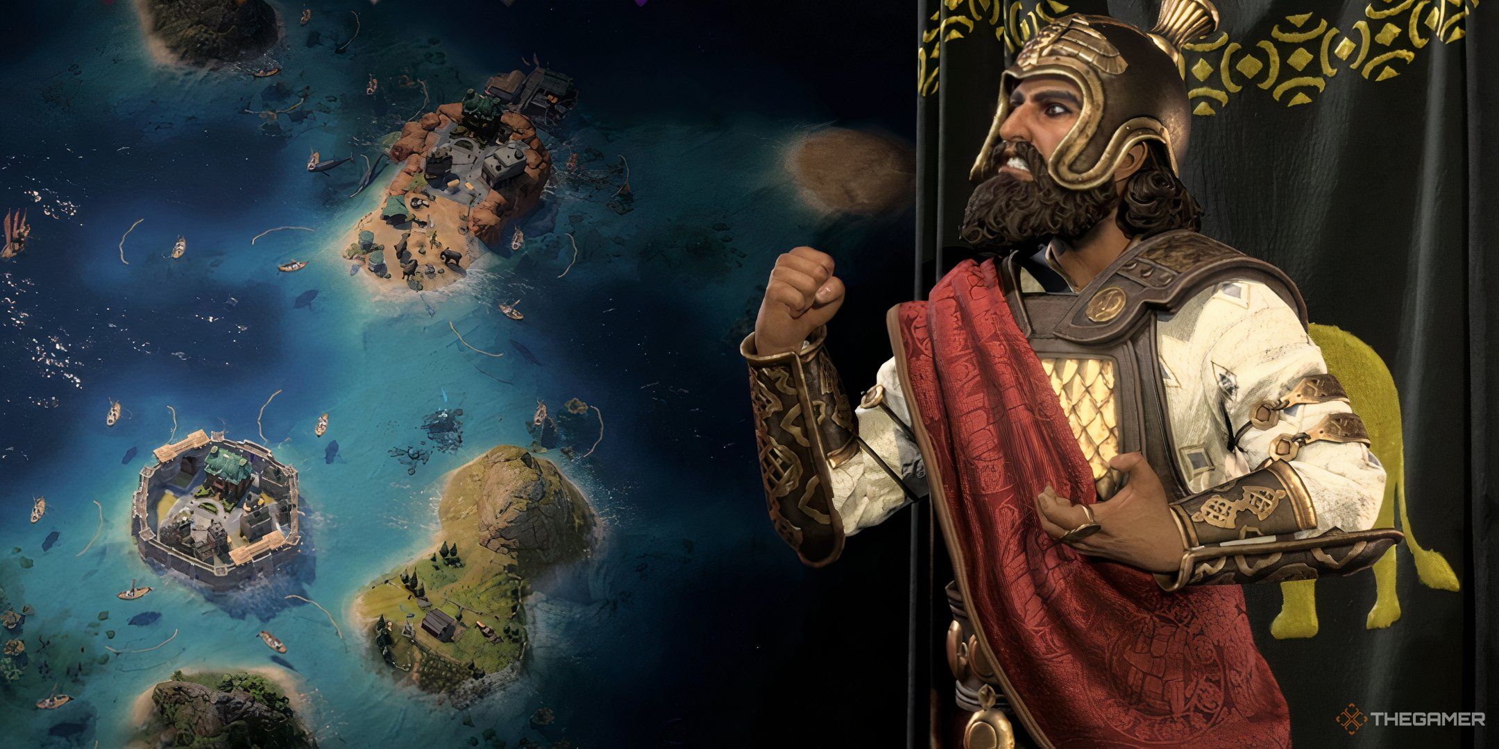 Xerxes, King of Kings glowering over a naval combat map in Civ 7. 