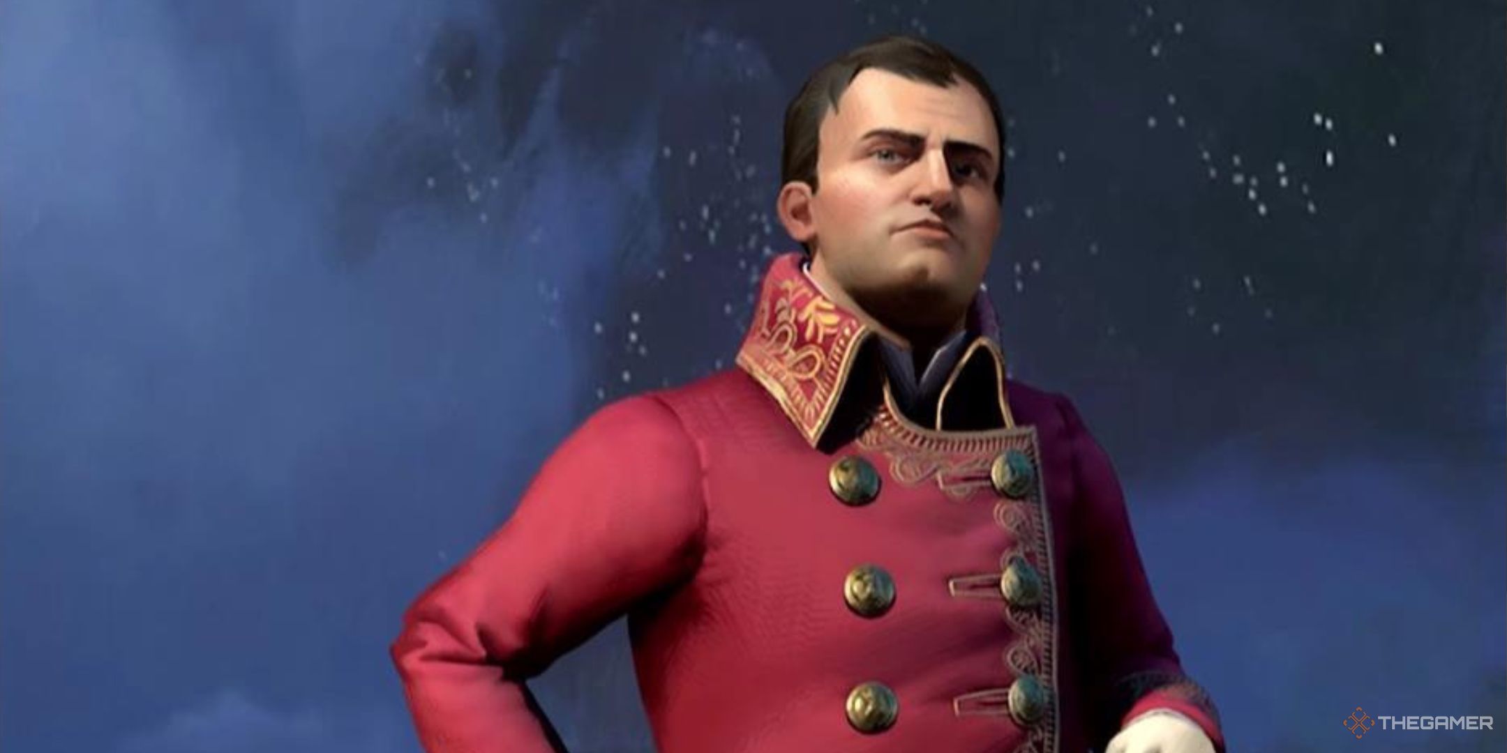 Napoleon looks at us from in front of a night sky in Civilization 7.