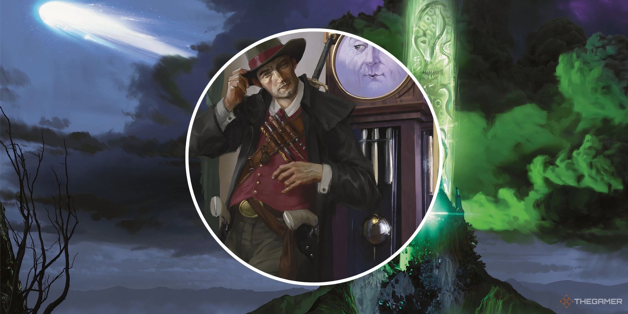 A split image of a detective in front of a sentient clock against a green space-like background in Dungeons & Dragons.