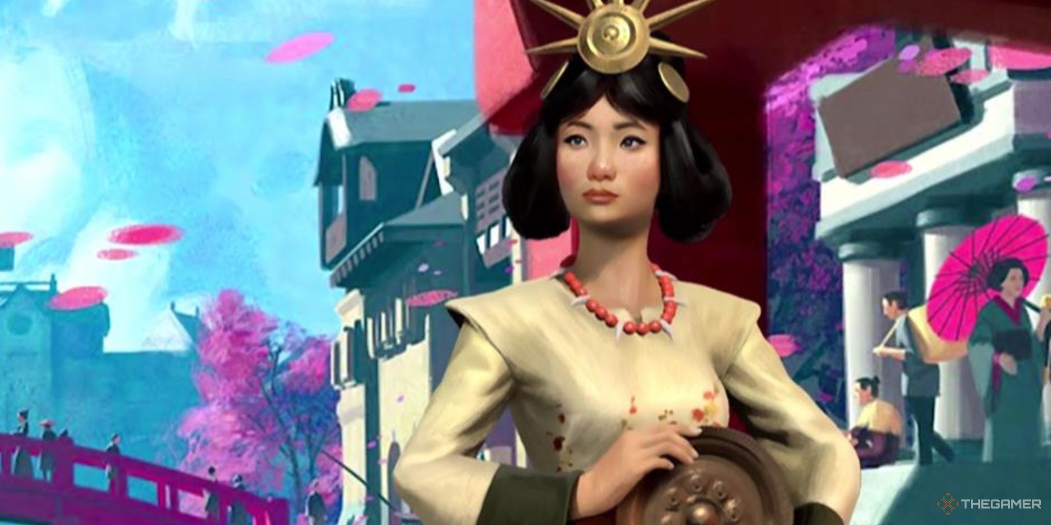 Himiko looks past of with a stoic expression, while beautiful cherry blossom tree bloom in the background of Civilization 7.