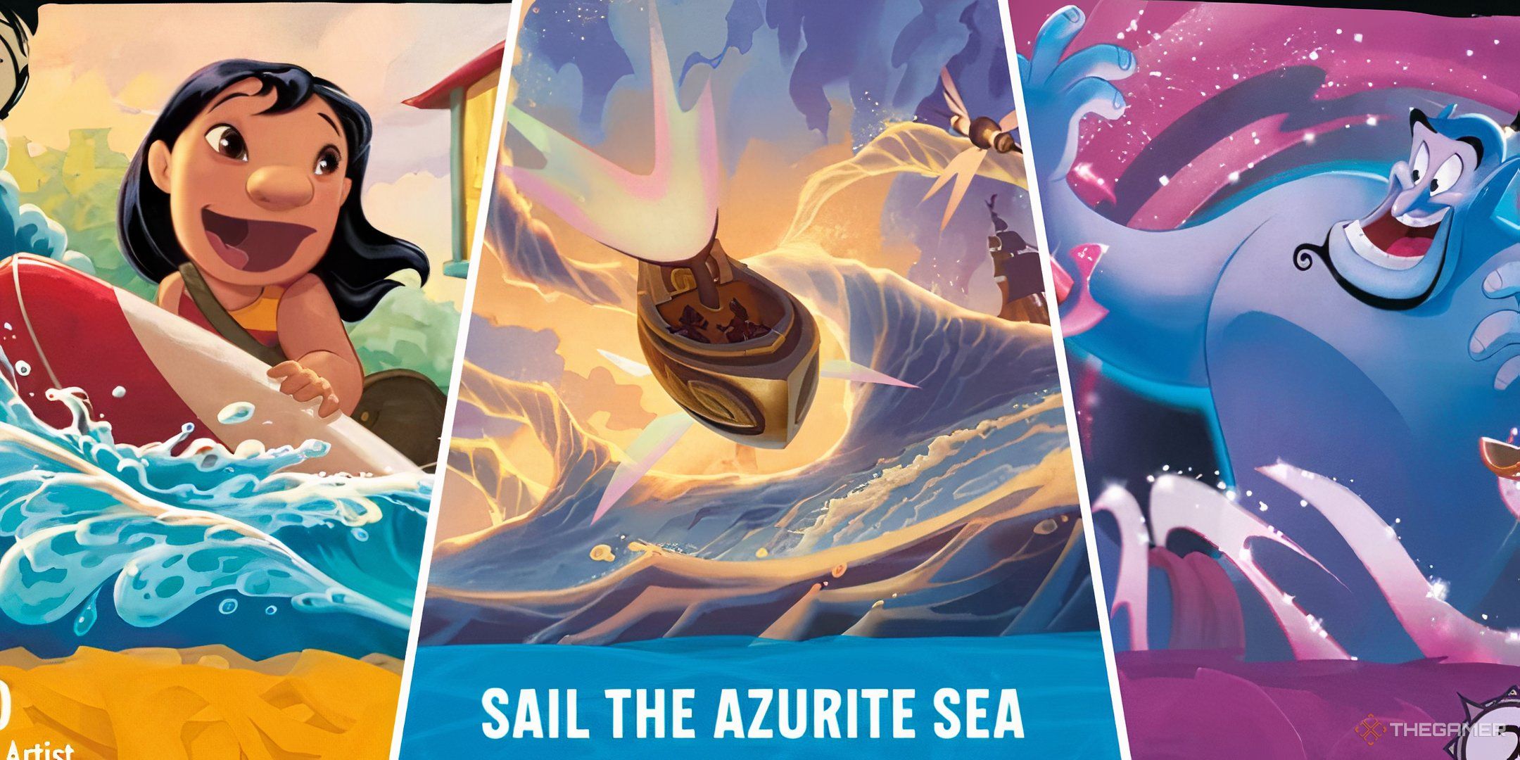 Lilo, Sail the Azurite Sea and Genie Disney Lorcana Azurite Sea cards side by side in a collage.