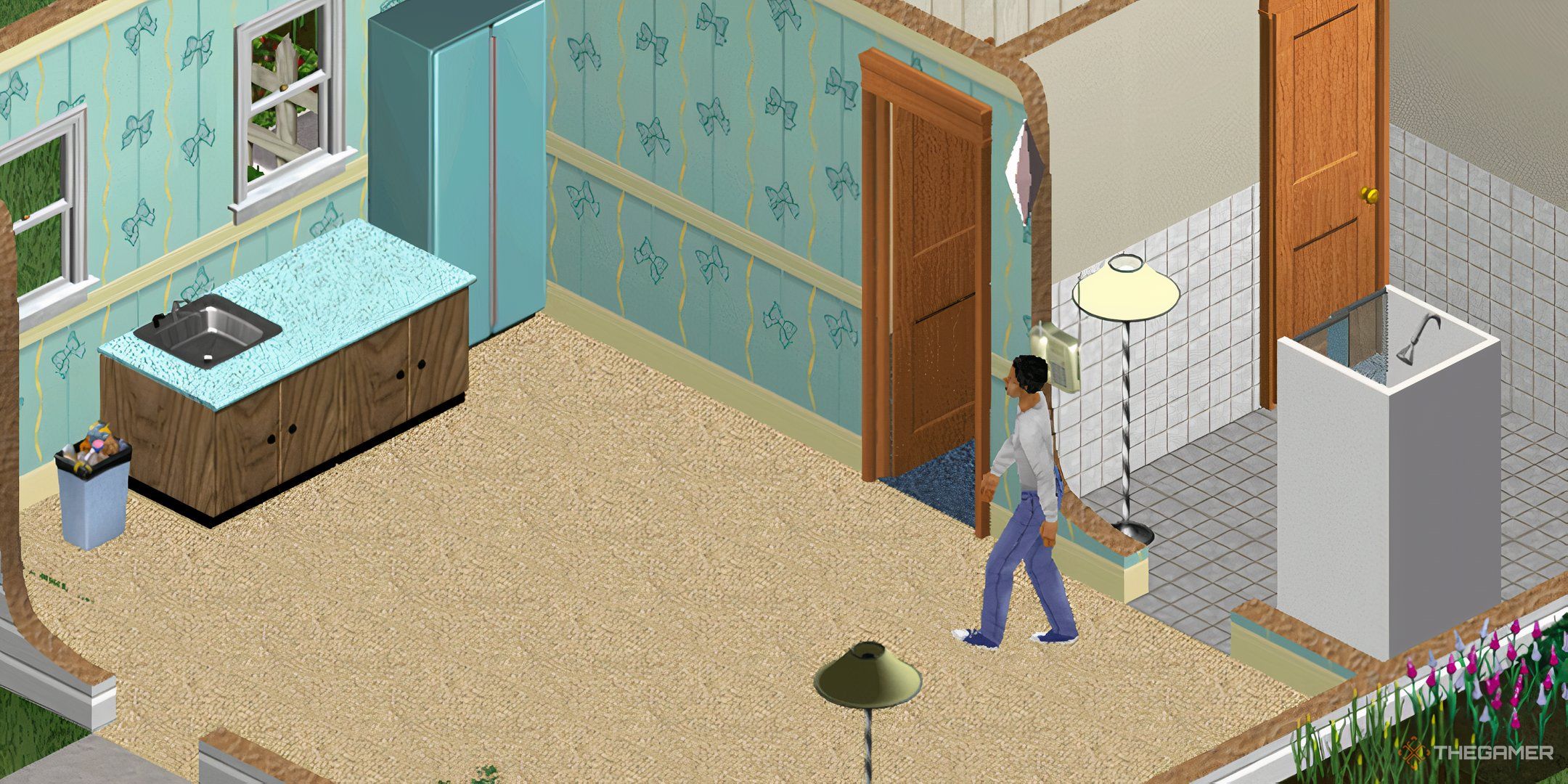 A screenshot of The Sims gamplay. There is a man wearing white shirt and blue jeans.