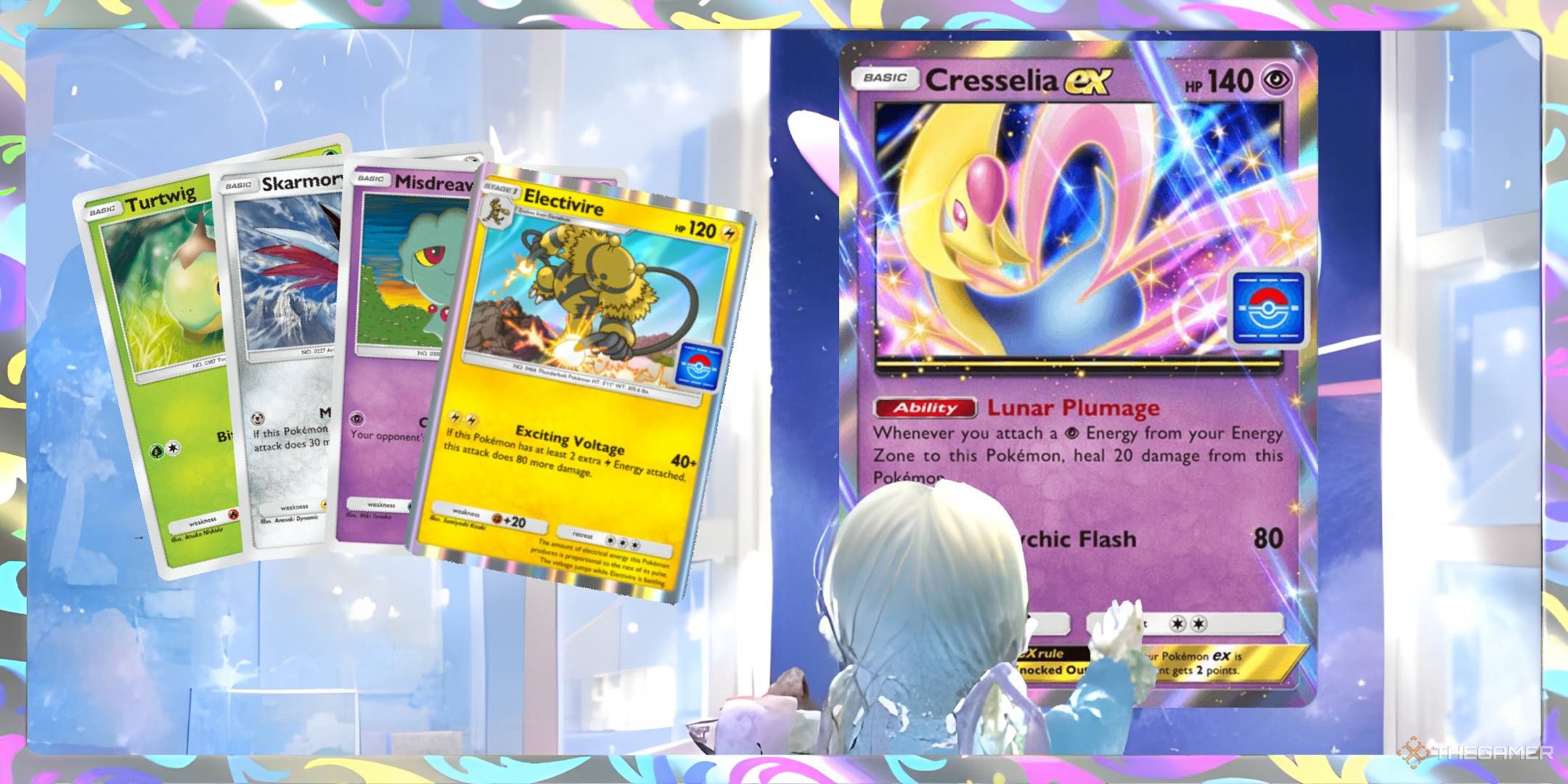 A young girl looks out a window to see the Cresselia ex promo card. The other promos from the event flank her on the left.