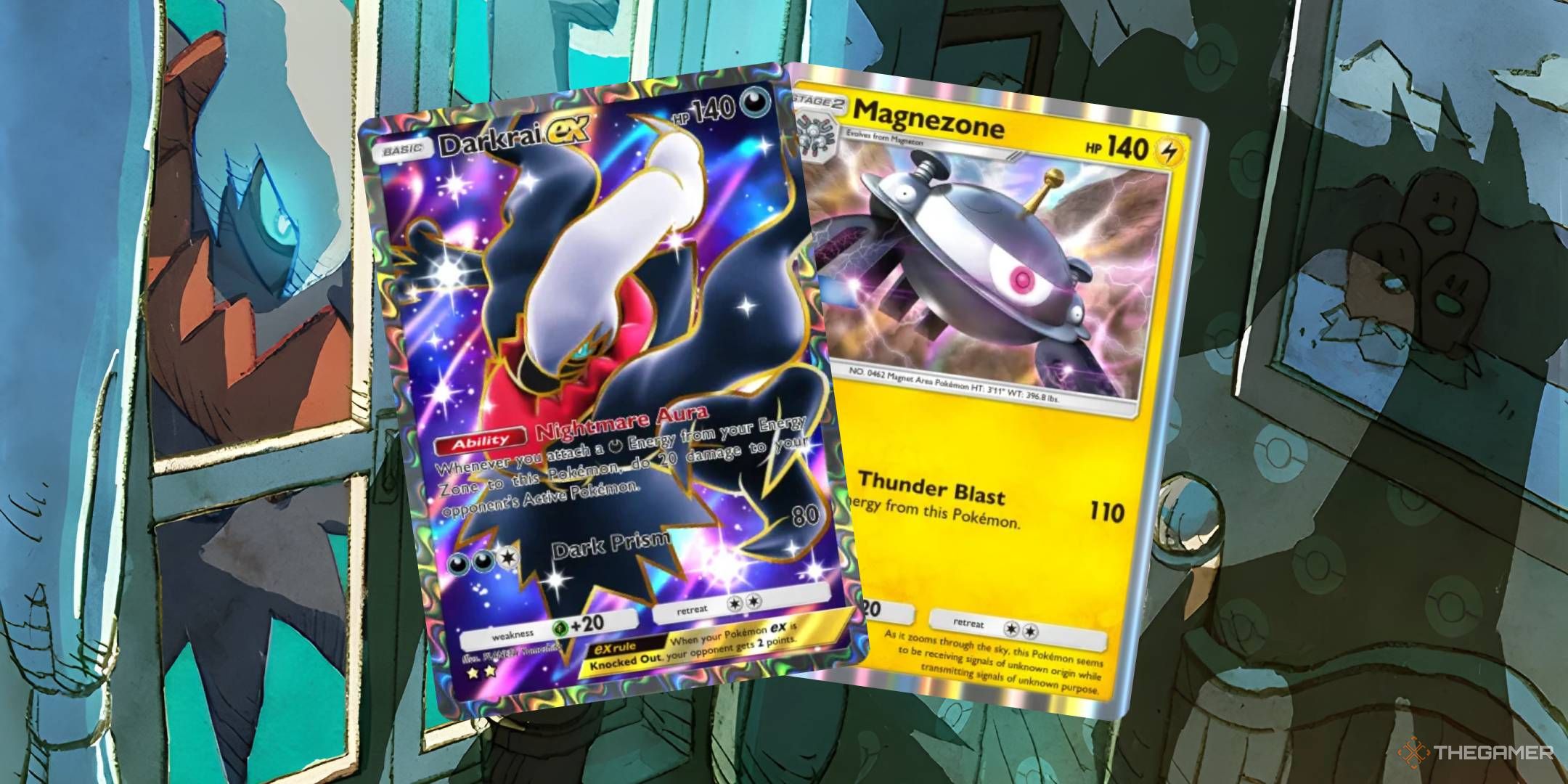 Darkrai looks into a bedroom from outside a window. Inside the Darkrai ex and Magnezone cards are centered.