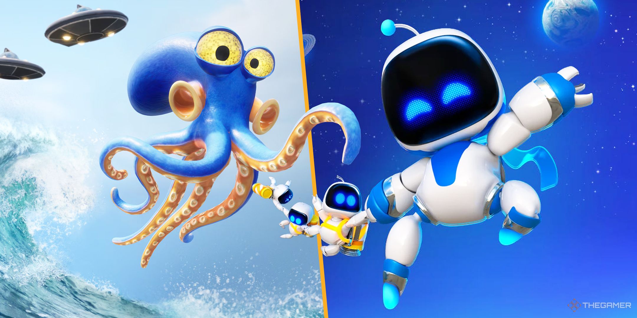 The octopus from Darwin's paradox and Astro bot jumping in the air side by side.