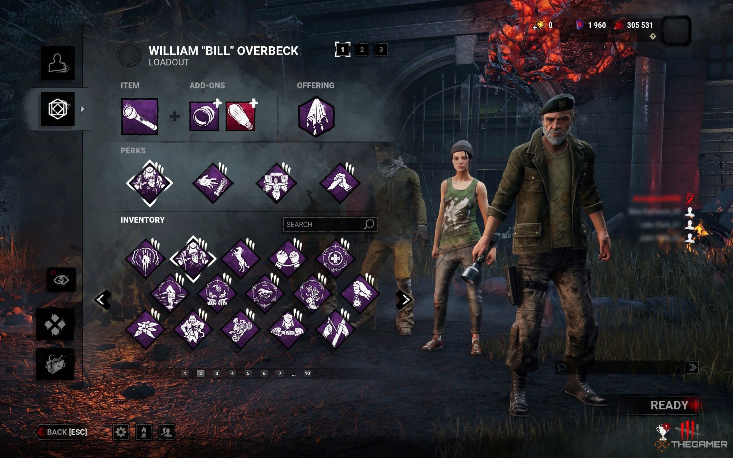 William and his loadout menu with perks, offering, item, and addons.