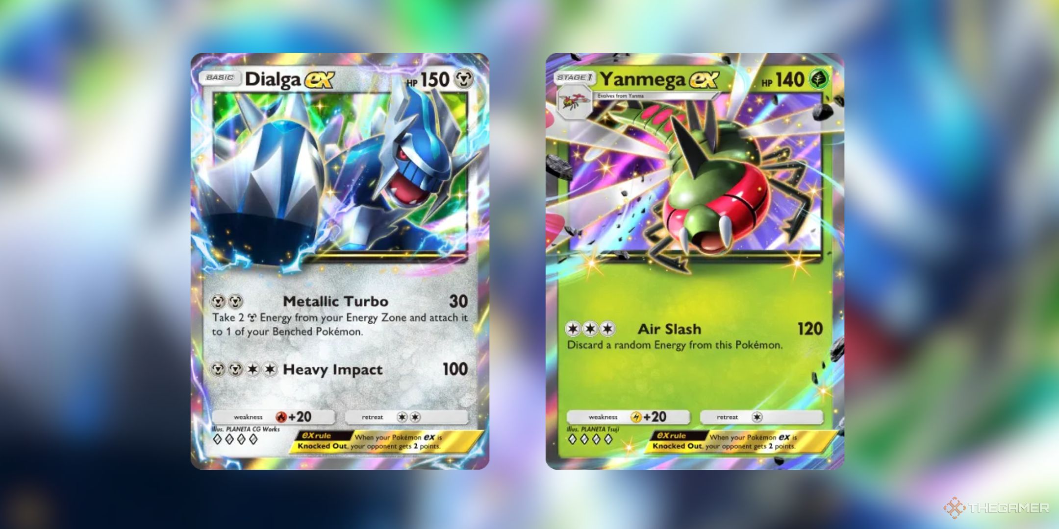 Dialga ex and Yanmega ex as cards in Pokemon Pocket with a Dialga ex backdrop.